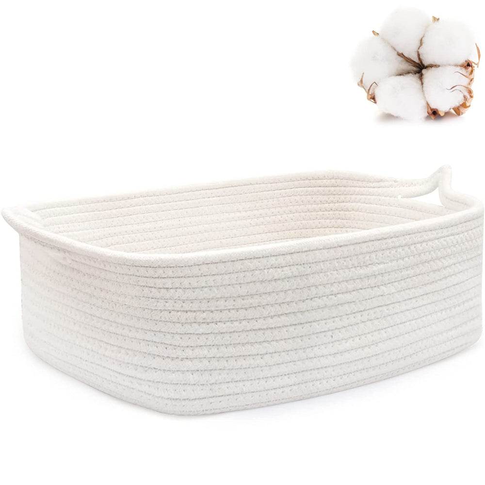 ABenkle small storage basket with handles on a shelf for easy organizing.