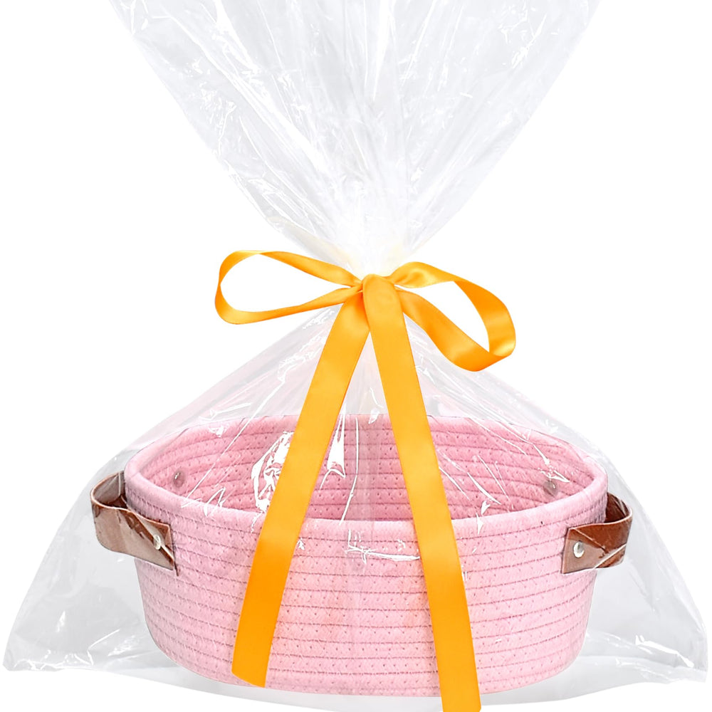 ABenkle pink small woven basket for compact organization