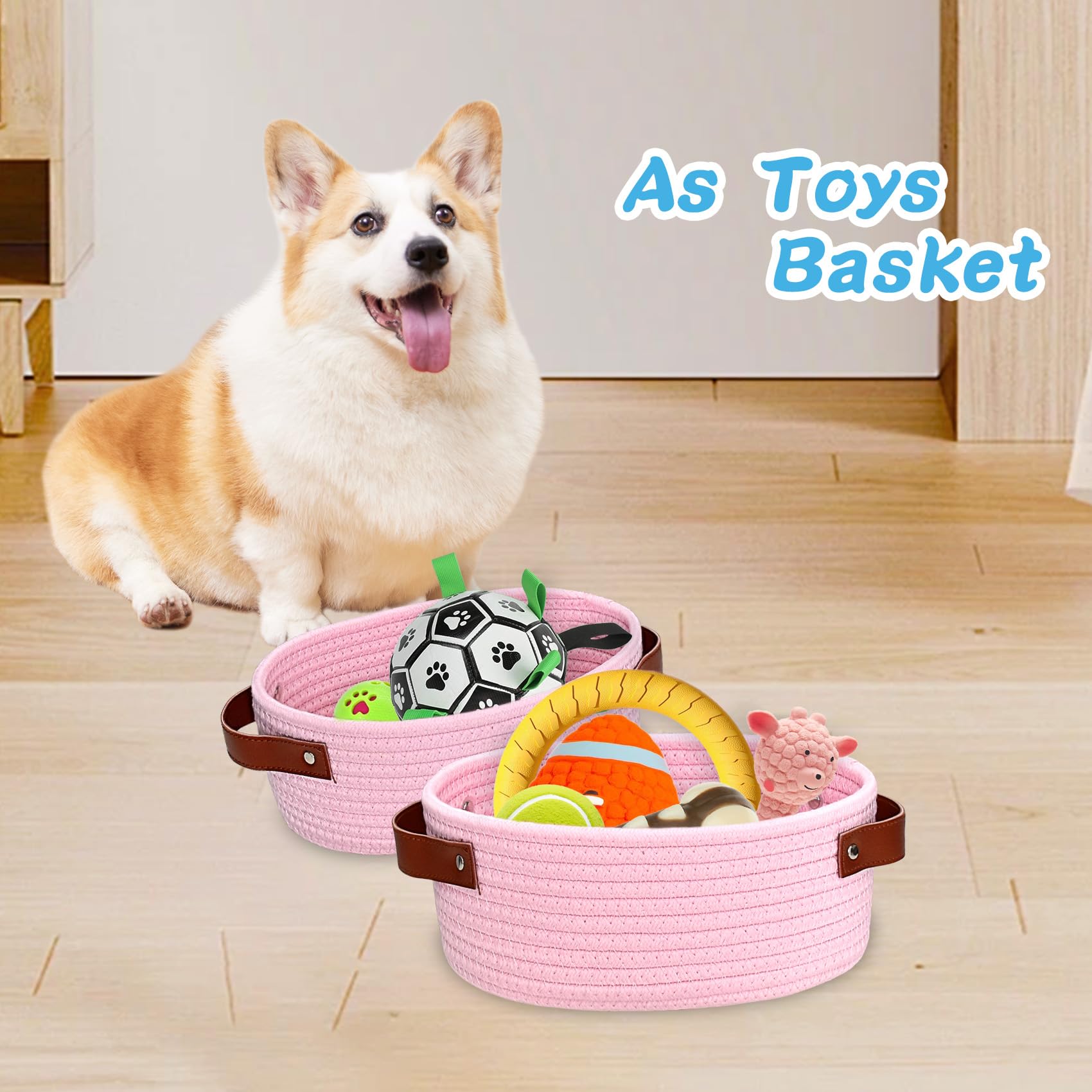 ABenkle pink basket filled with small toys keeps space tidy