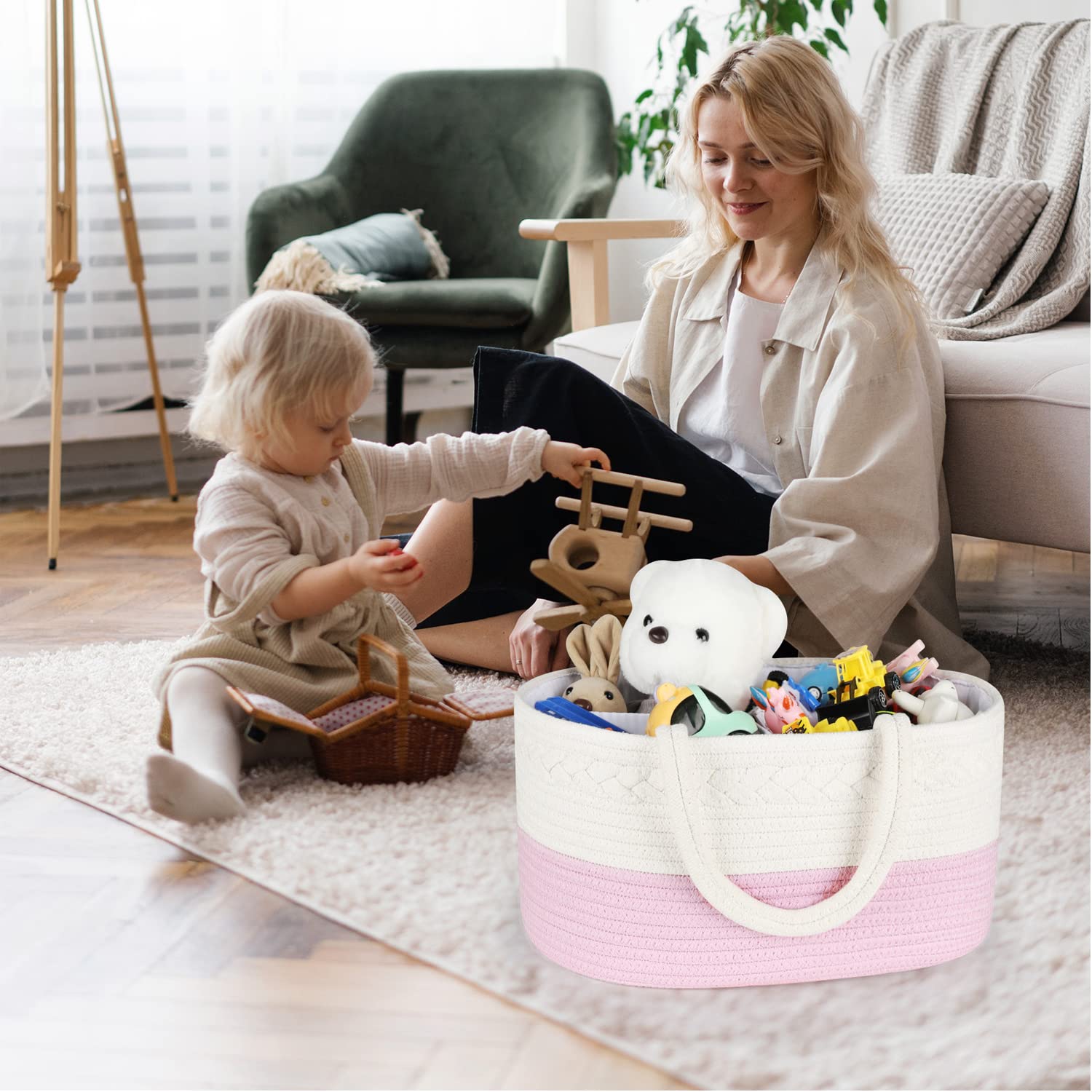 ABenkle stylish nursery look blends with decor while keeping items tidy.