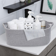ABenkle woven basket in bedroom adds soft texture and tidy shelves