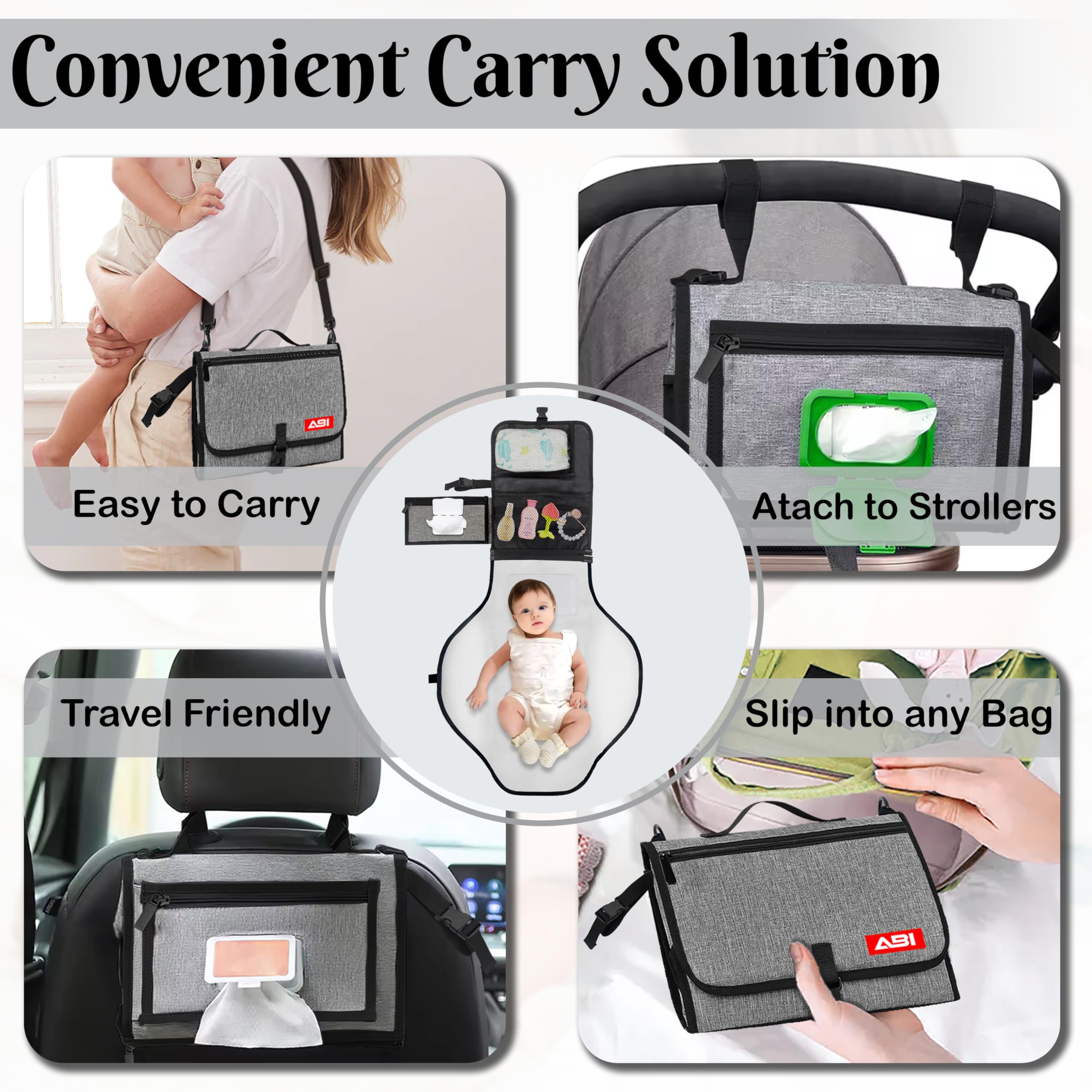 ABI detachable shoulder strap enables hands-free changing on the go