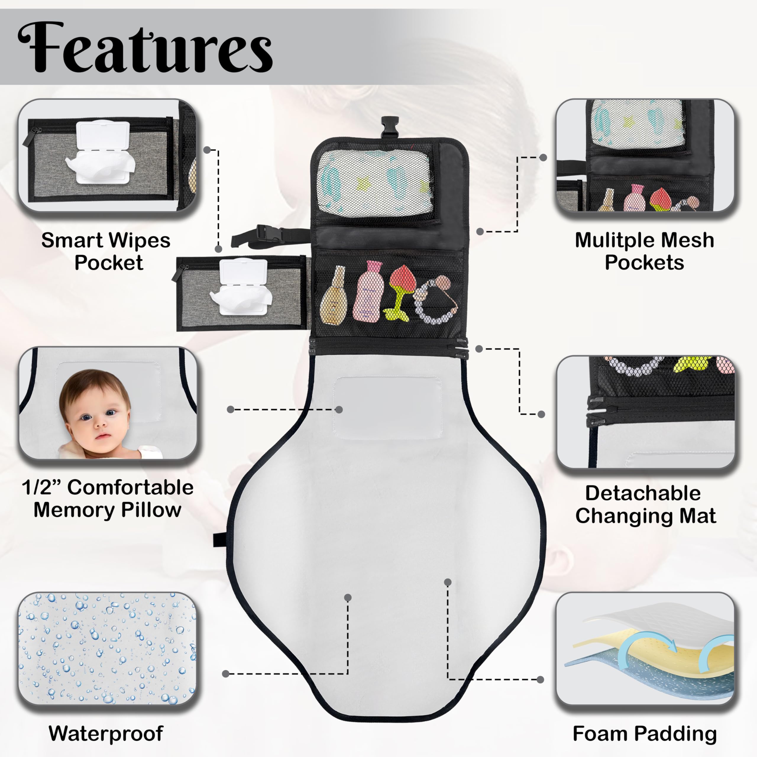 ABI front zip pocket and mesh pockets organize diapers and wipes