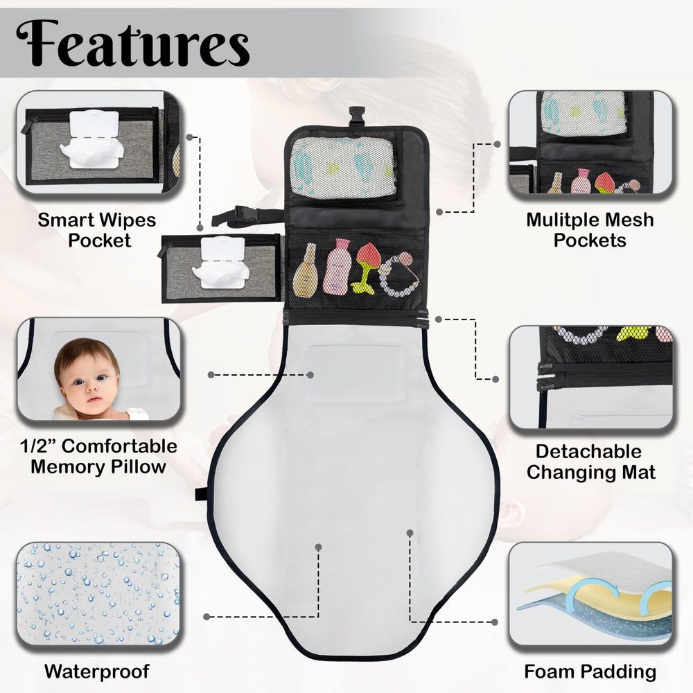 ABI front zip pocket and mesh pockets organize diapers and wipes