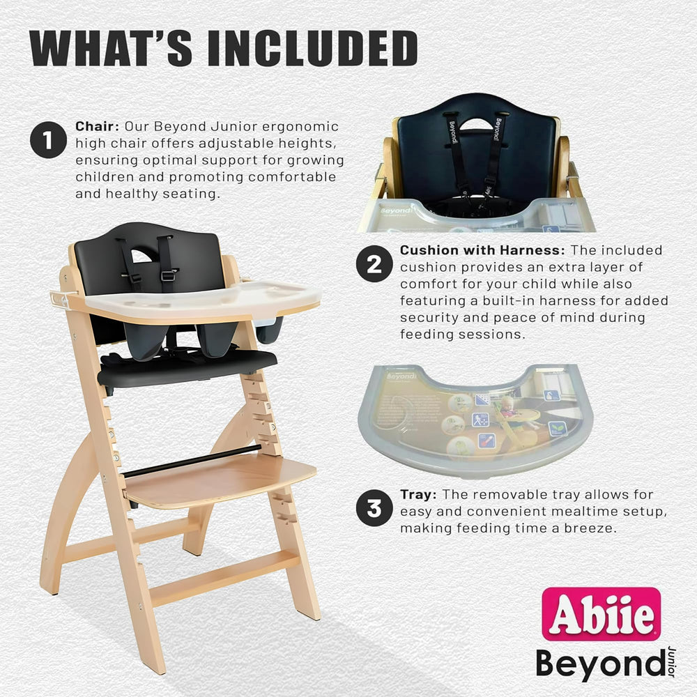 Abiie Beyond Junior chair showing adjustable harness for secure seating.