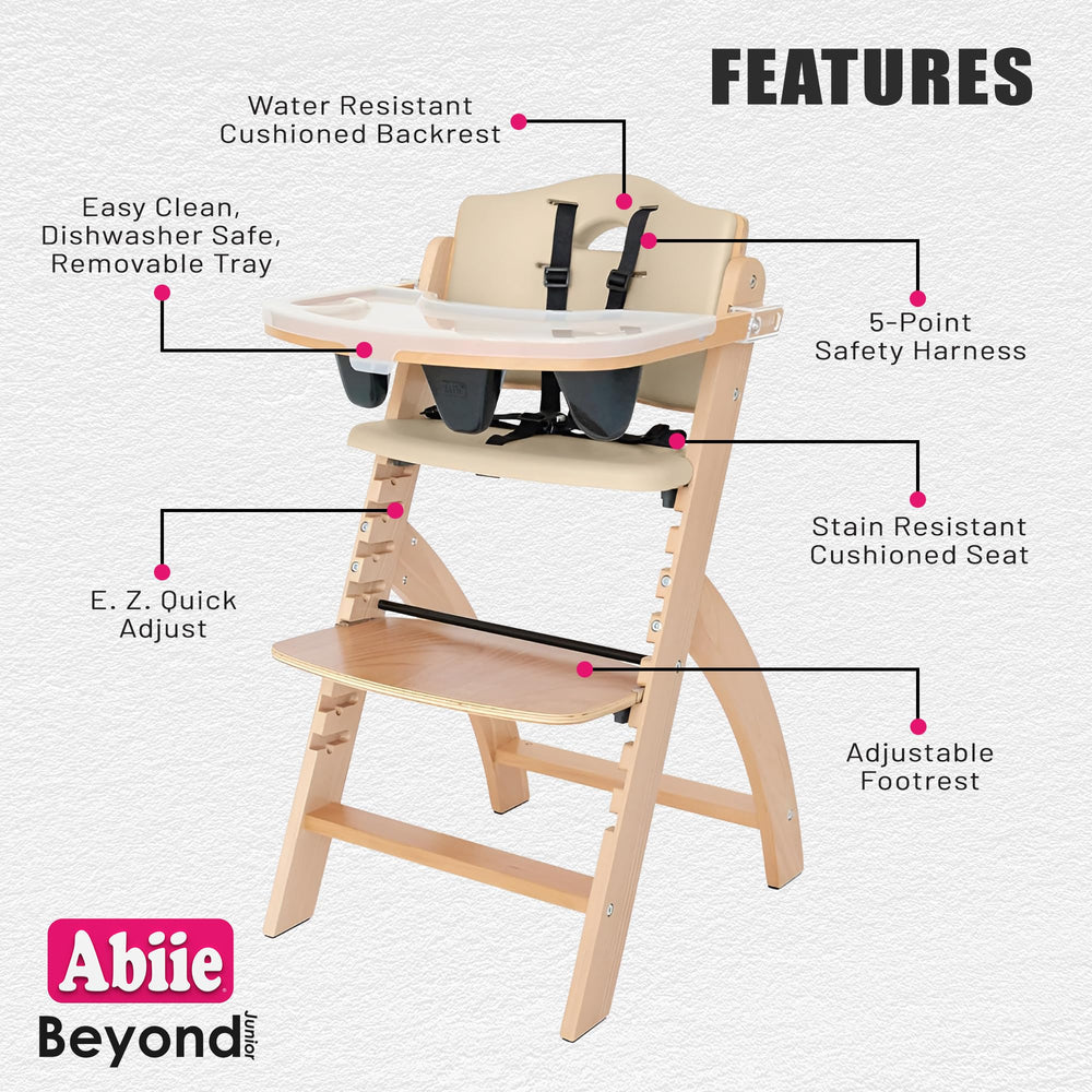 Abiie Beyond Junior chair with removable tray for quick mealtime cleanup.