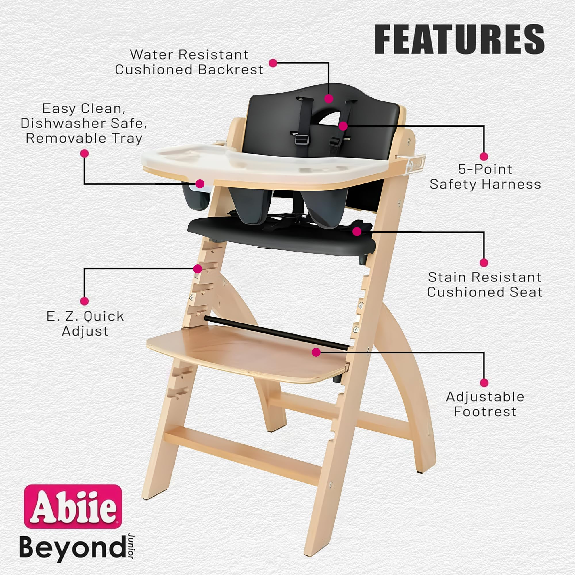 Abiie Beyond Junior wooden chair with waterproof cushion for quick cleanup.