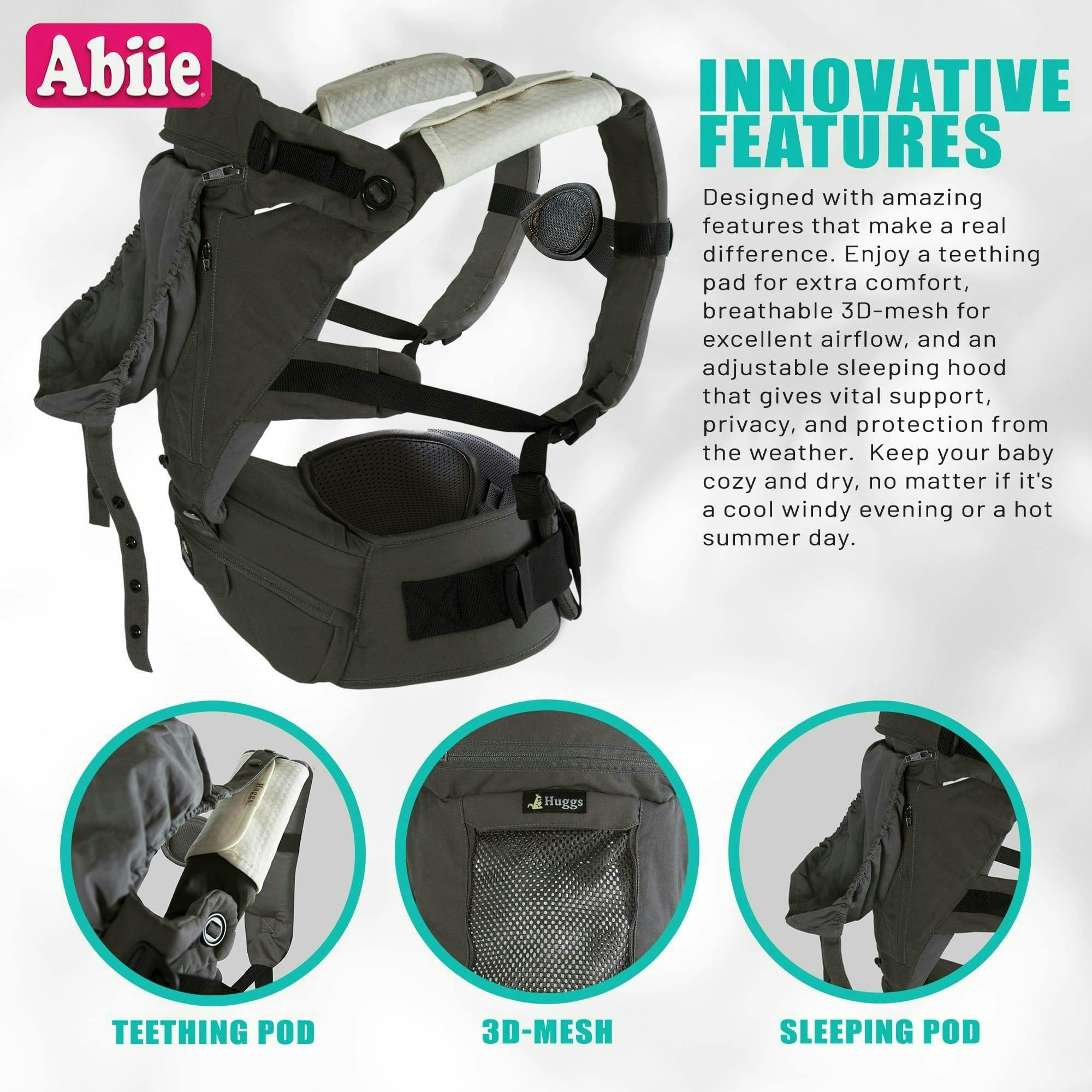 Abiie HUGGS adjustable straps and closure for secure, customizable fit.