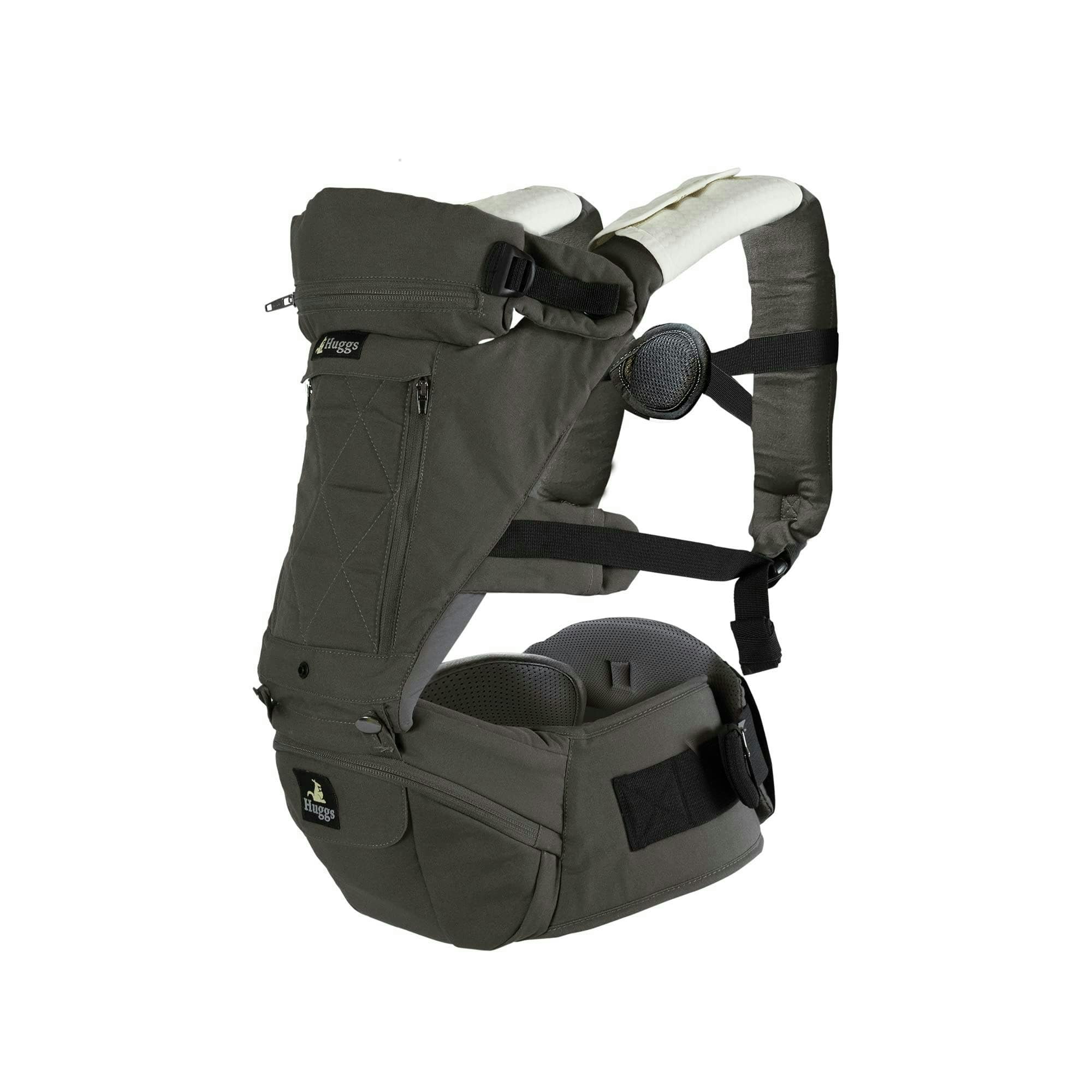 Abiie HUGGS front-facing carry close-up showing ergonomic support for growing babies.