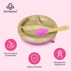 Abiie Octopod bamboo dish, high chair tray-fit angle demonstrates easy self-feeding.