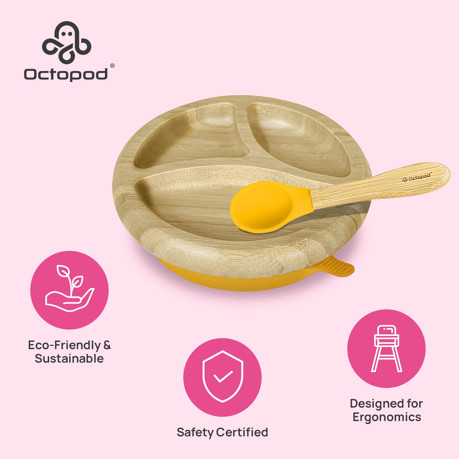 Abiie Octopod bamboo dish neatly fits most highchair trays