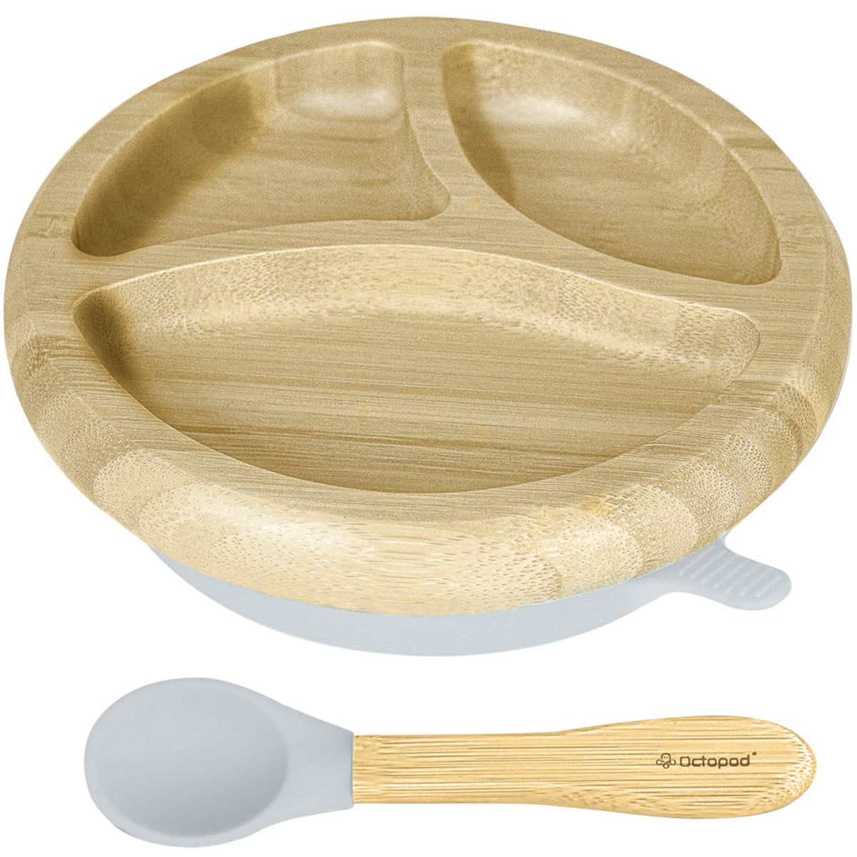 Abiie Octopod bamboo dish plate with strong suction for mess-free meals.