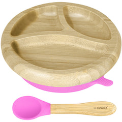 Abiie Octopod bamboo dish, side view showing strong suction for mess-free feeding.