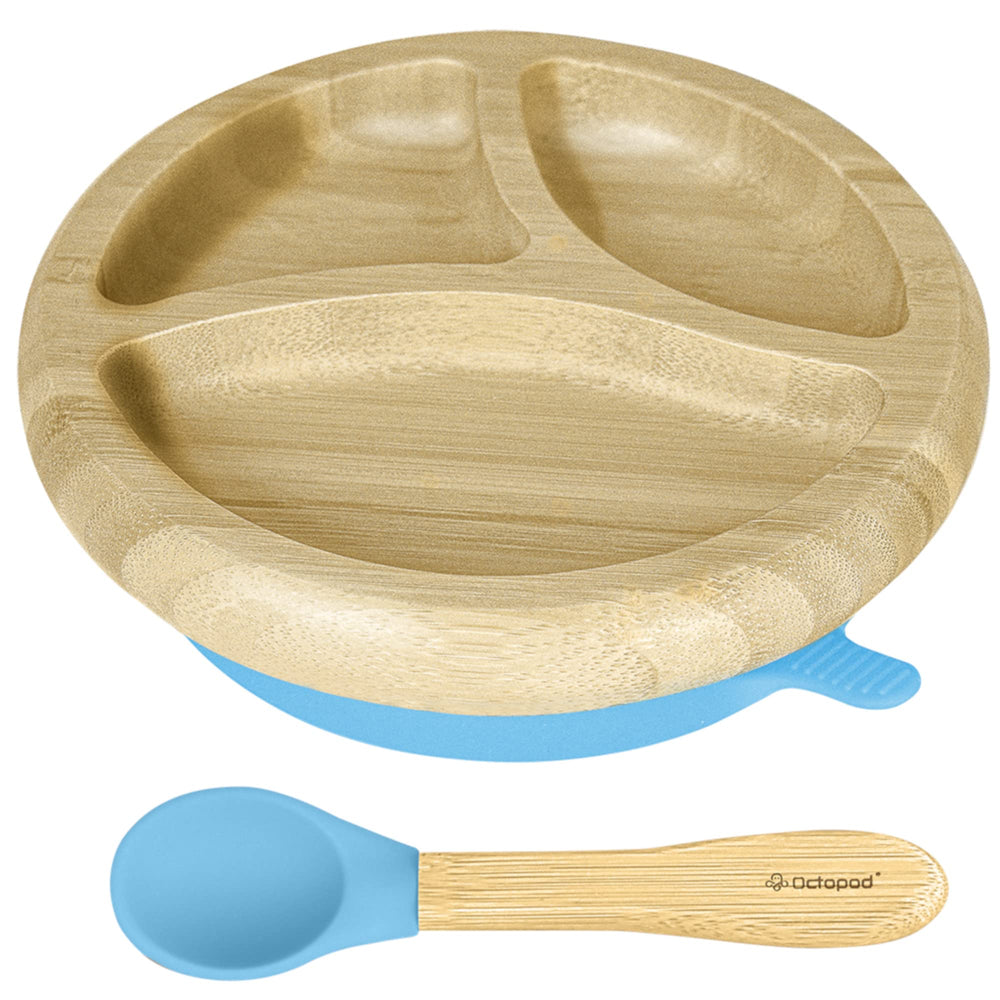 Abiie Octopod bamboo dish with strong suction on a high chair tray.