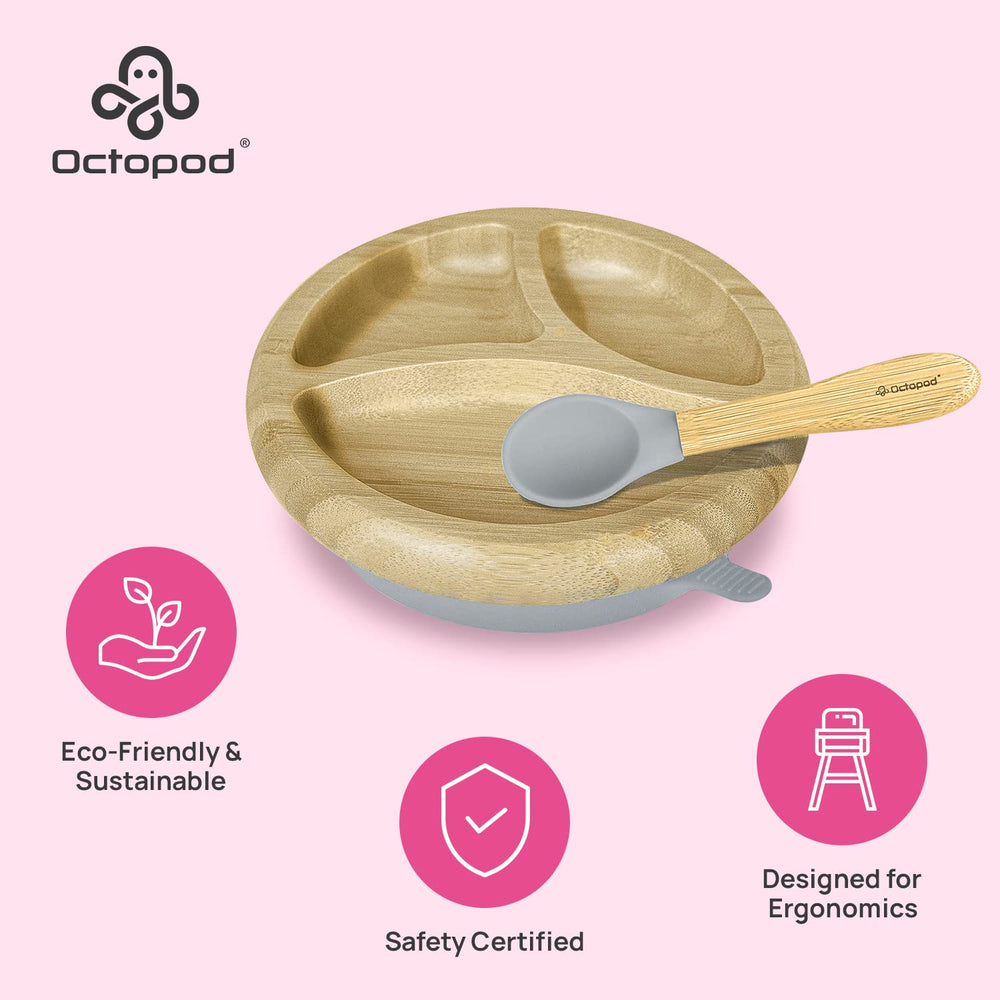 Abiie Octopod bamboo dish suction base on a high chair tray.