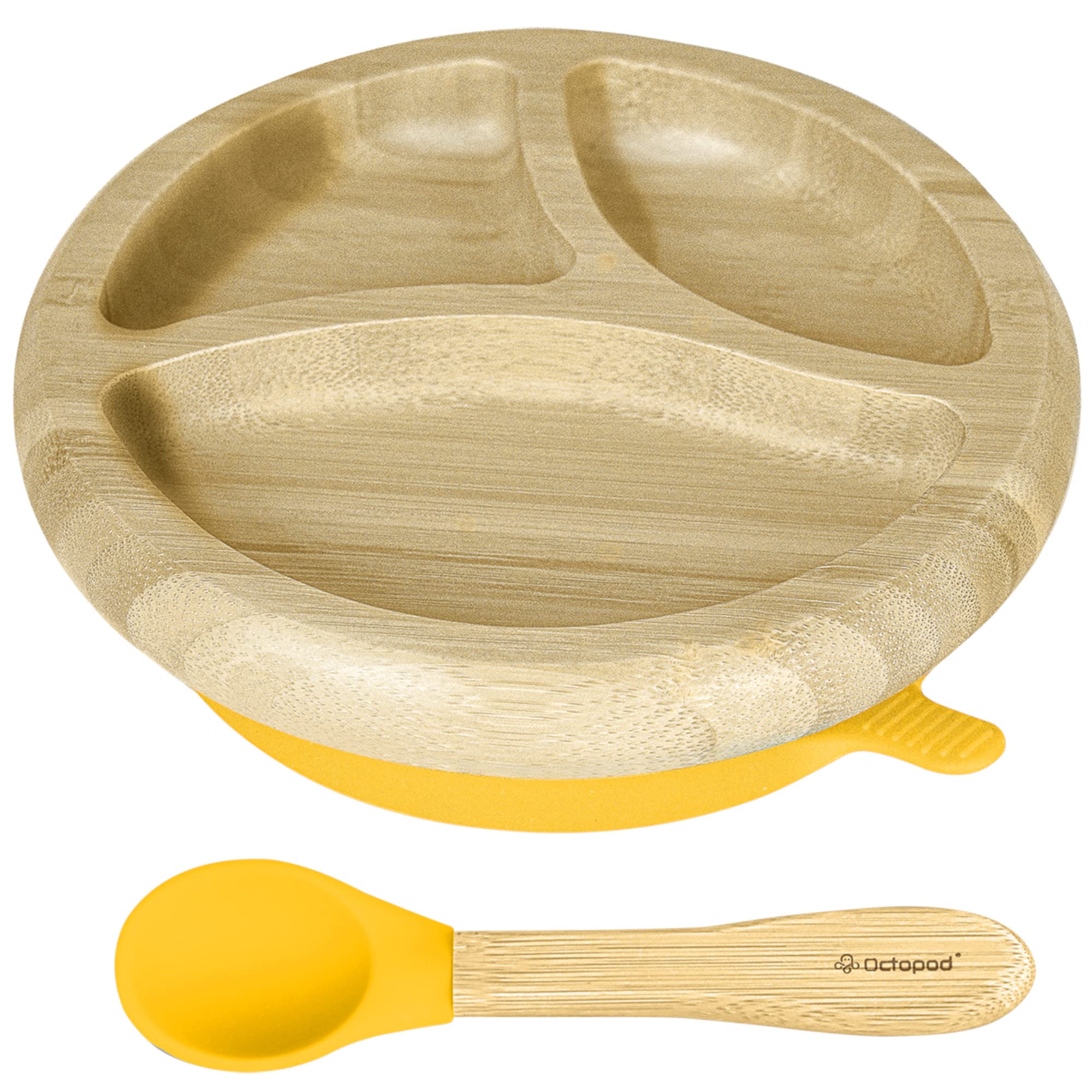 Abiie Octopod bamboo dish with suction keeps meals mess-free on trays