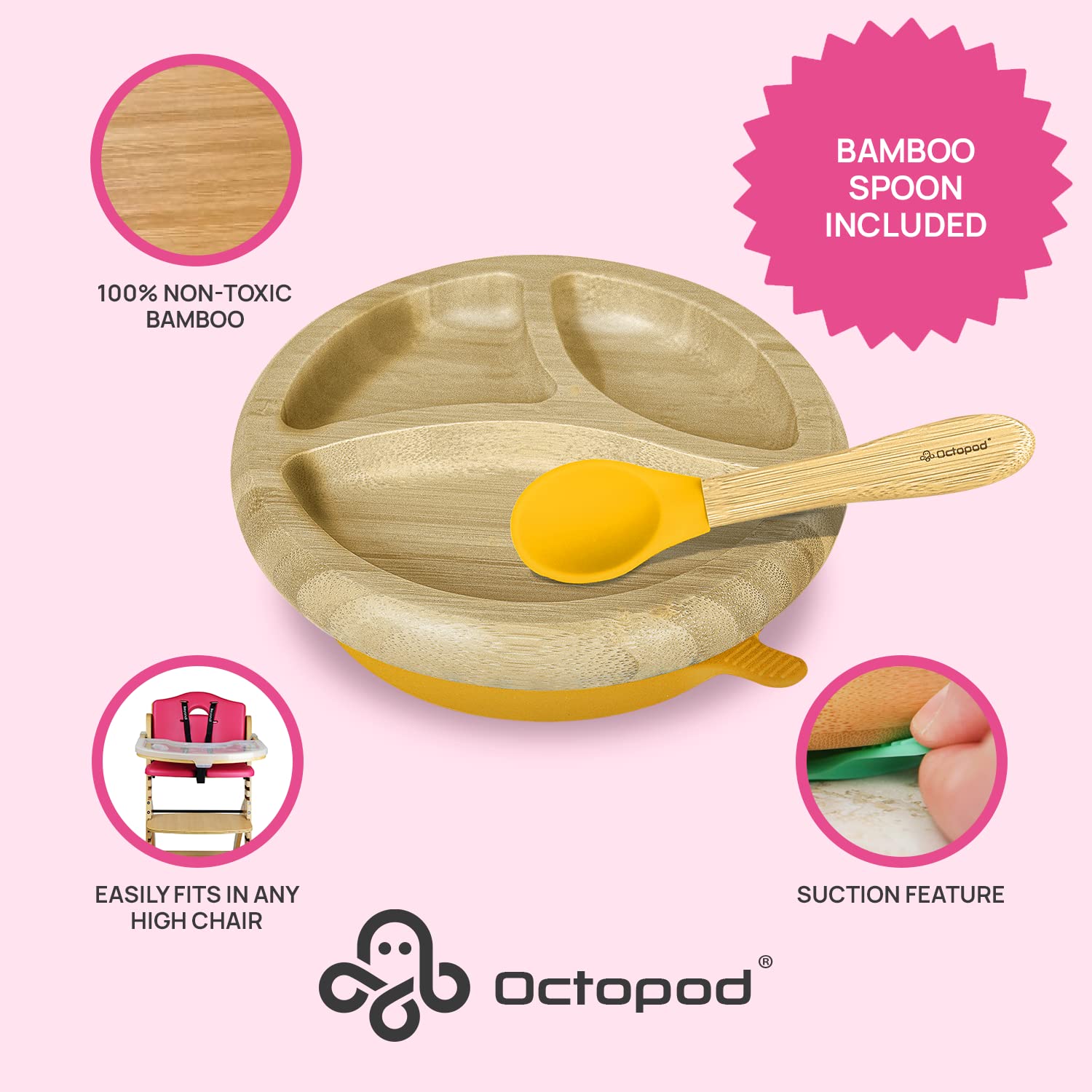 Abiie Octopod bamboo dish shows three compartments for balanced meals