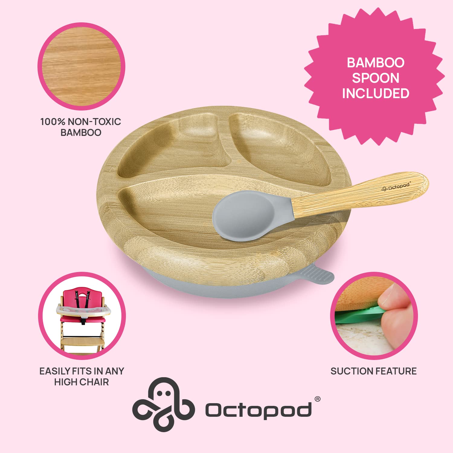 Abiie Octopod bamboo dish three compartments promote portion variety.