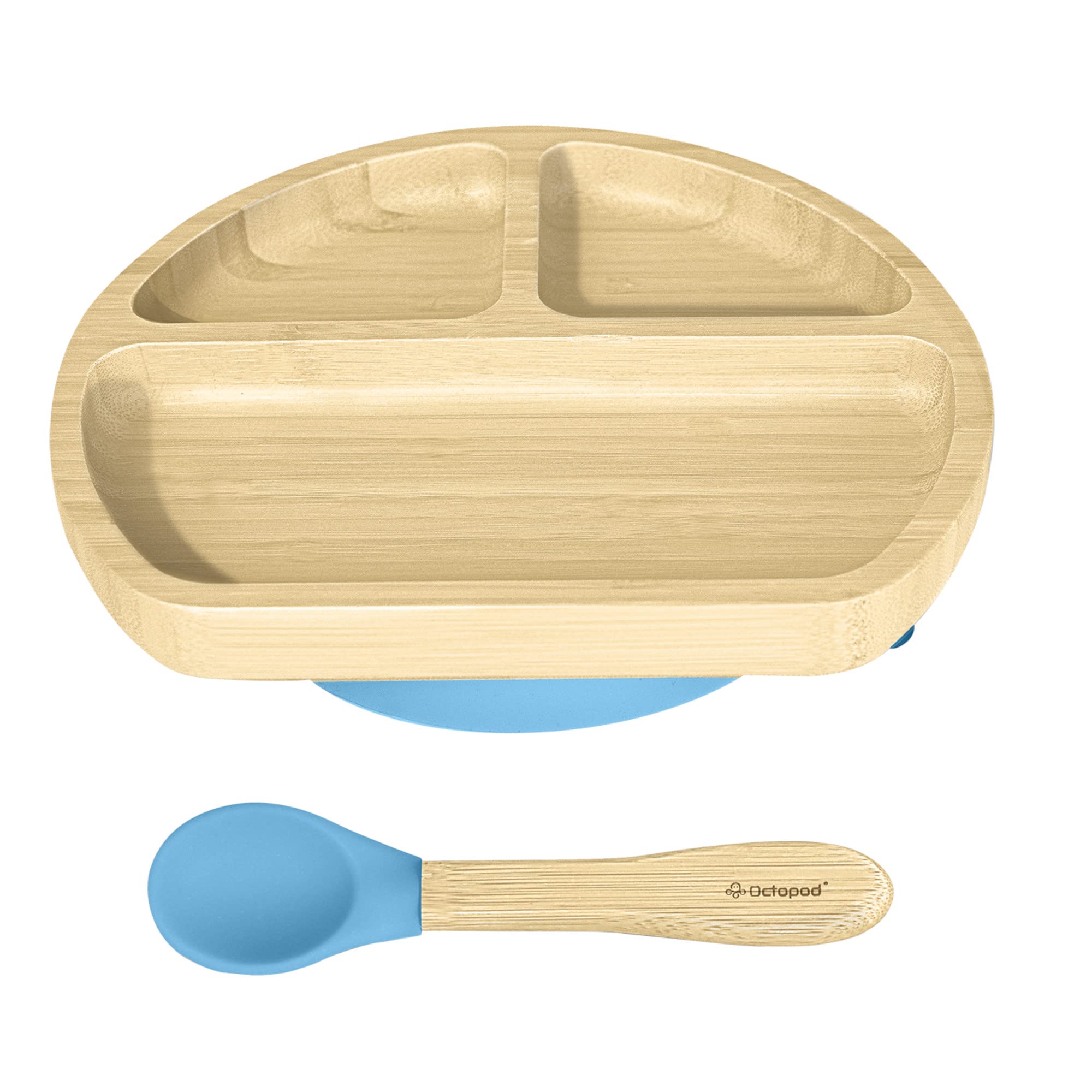 Abiie Octopod bamboo plate with strong suction prevents spills during meals.
