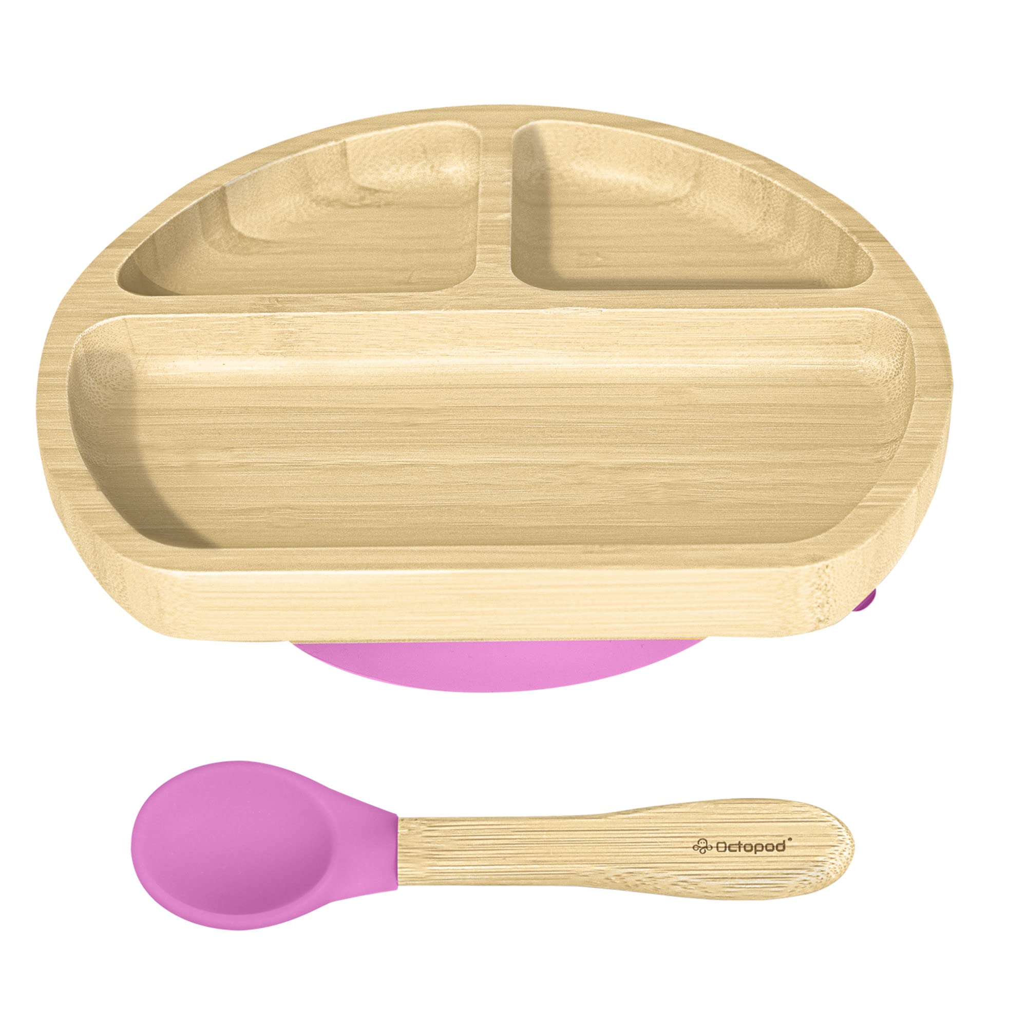 Abiie Octopod bamboo plate with strong suction base prevents messes during meals.