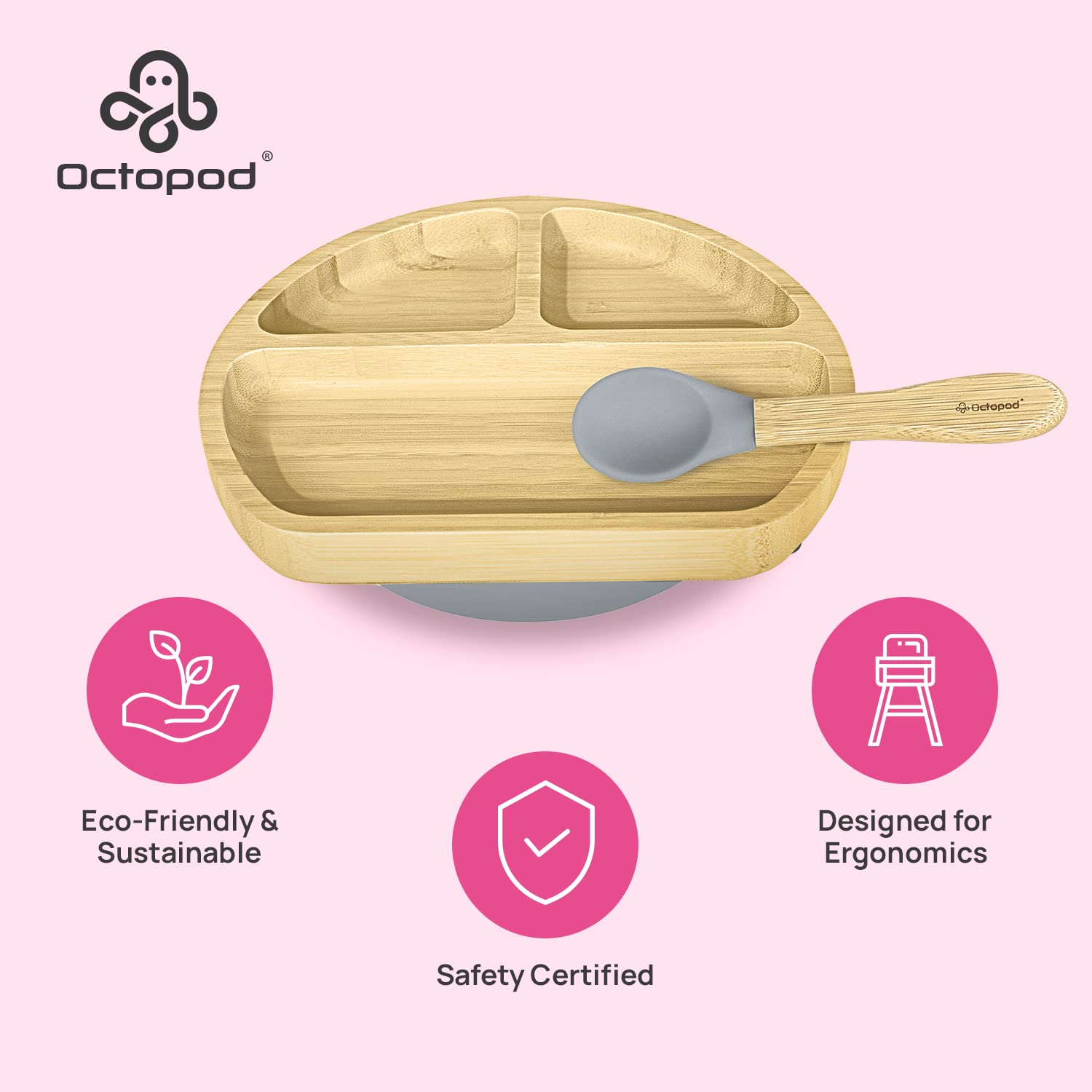 Abiie Octopod plate showing three compartments for portions and variety.