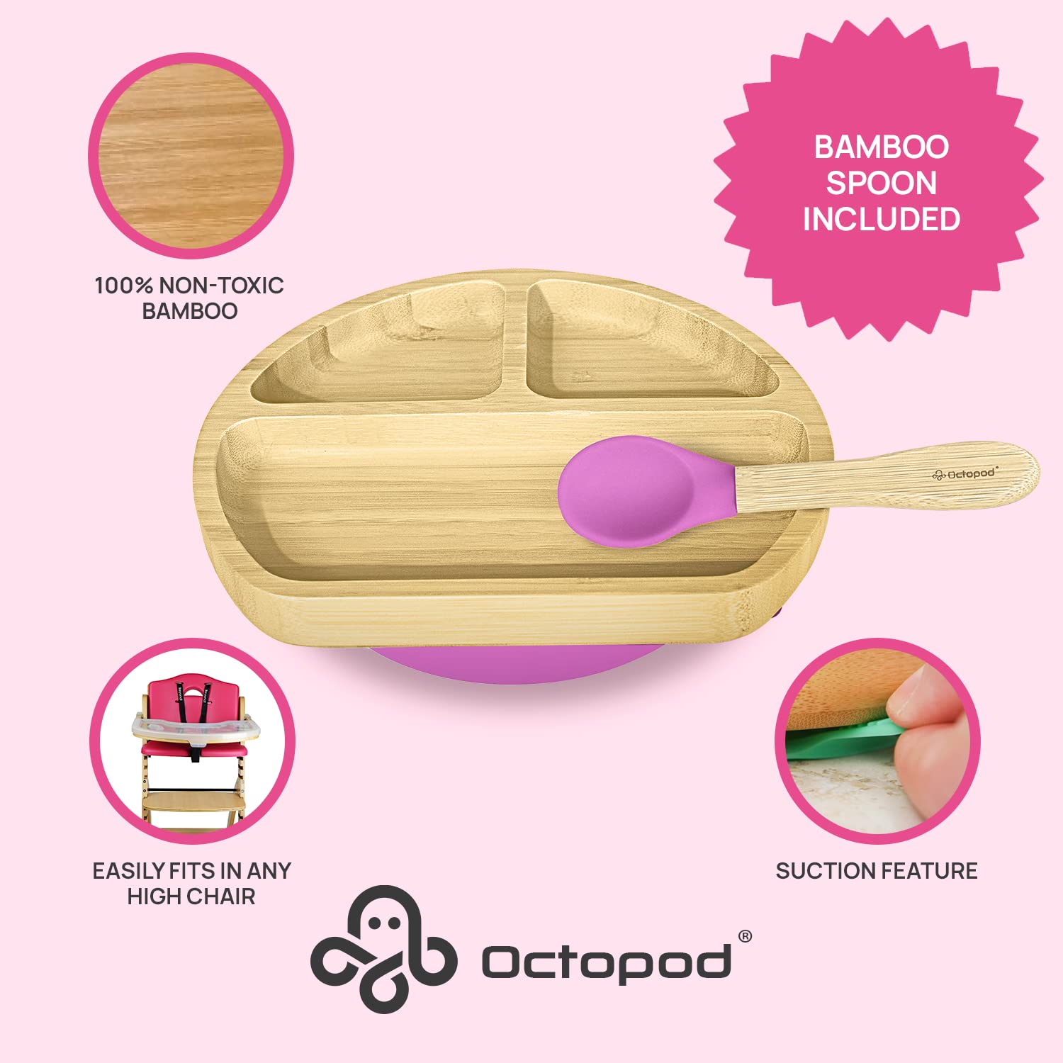 Abiie Octopod plate shows three compartments for portioned foods.