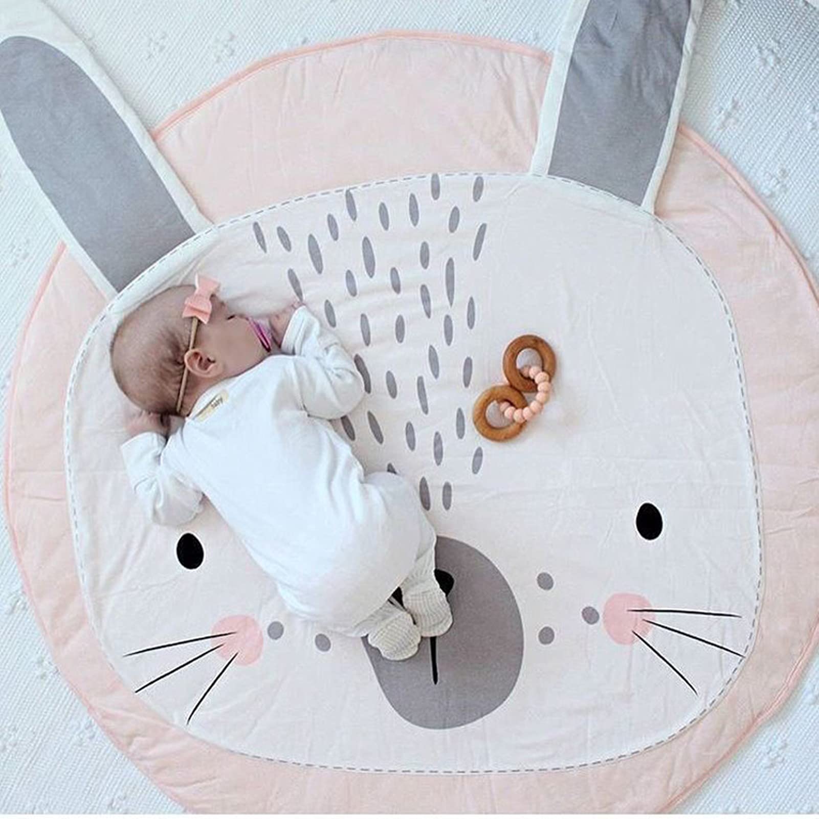 ABREEZE rabbit-design pink round nursery rug, soft tummy time surface for babies