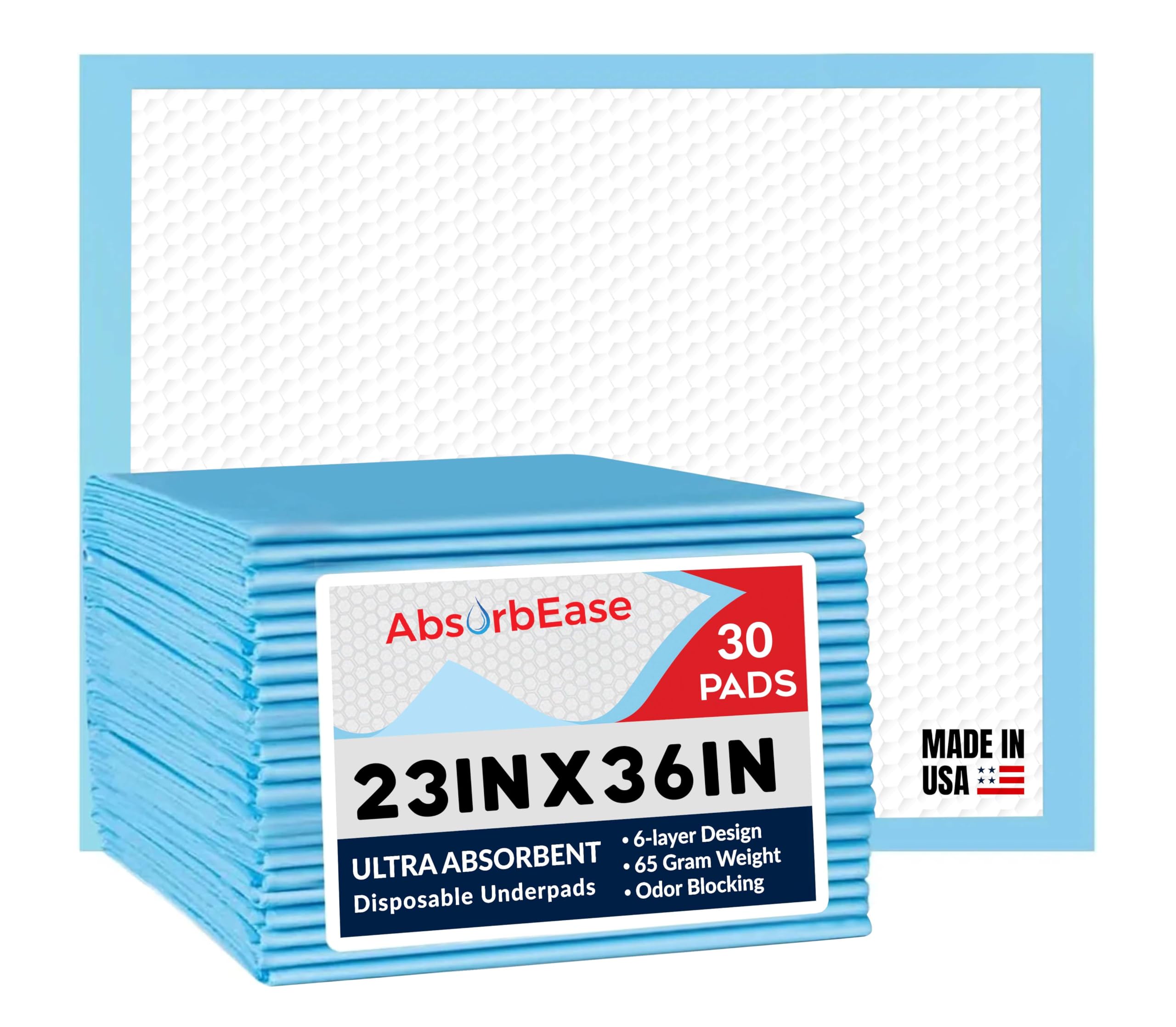 AbsorbEase packaging showing 30-count underpads for home or travel protection
