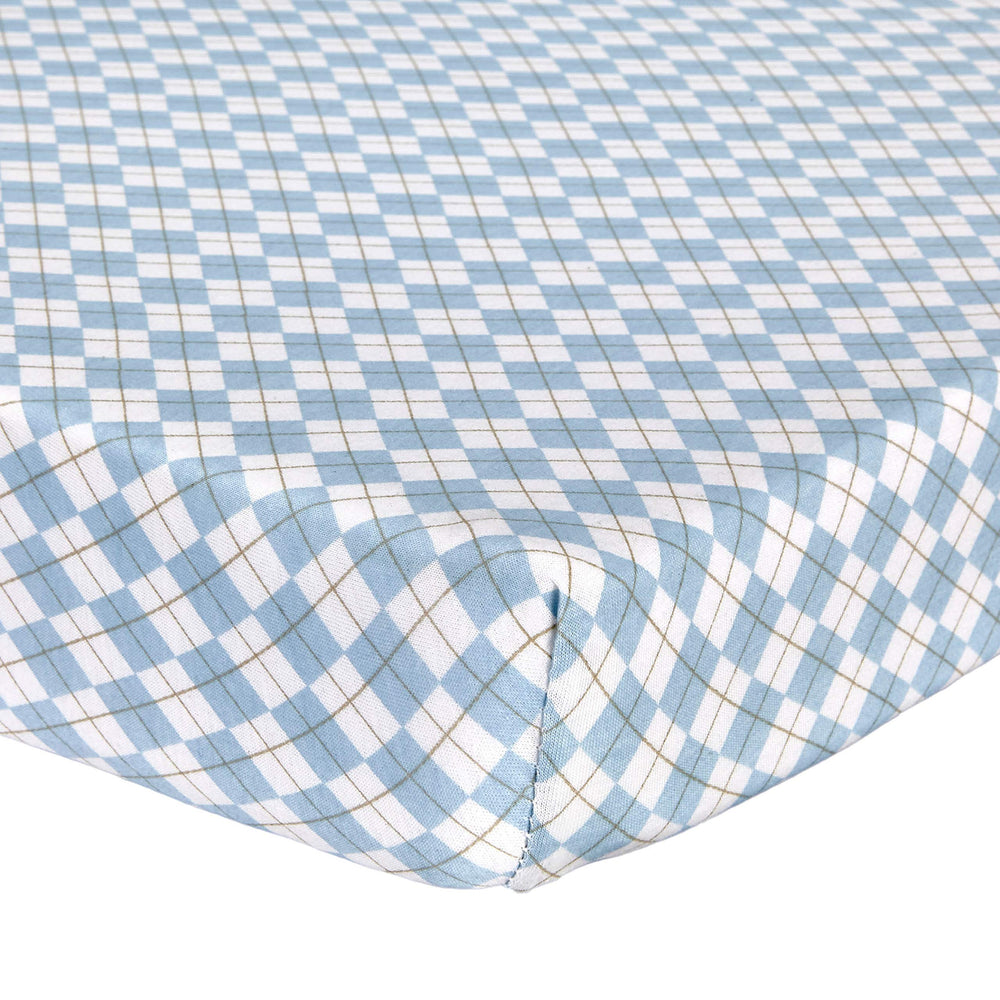 Abstract Baby Argyle Fitted Crib Sheet in blue offers ultra-soft comfort.
