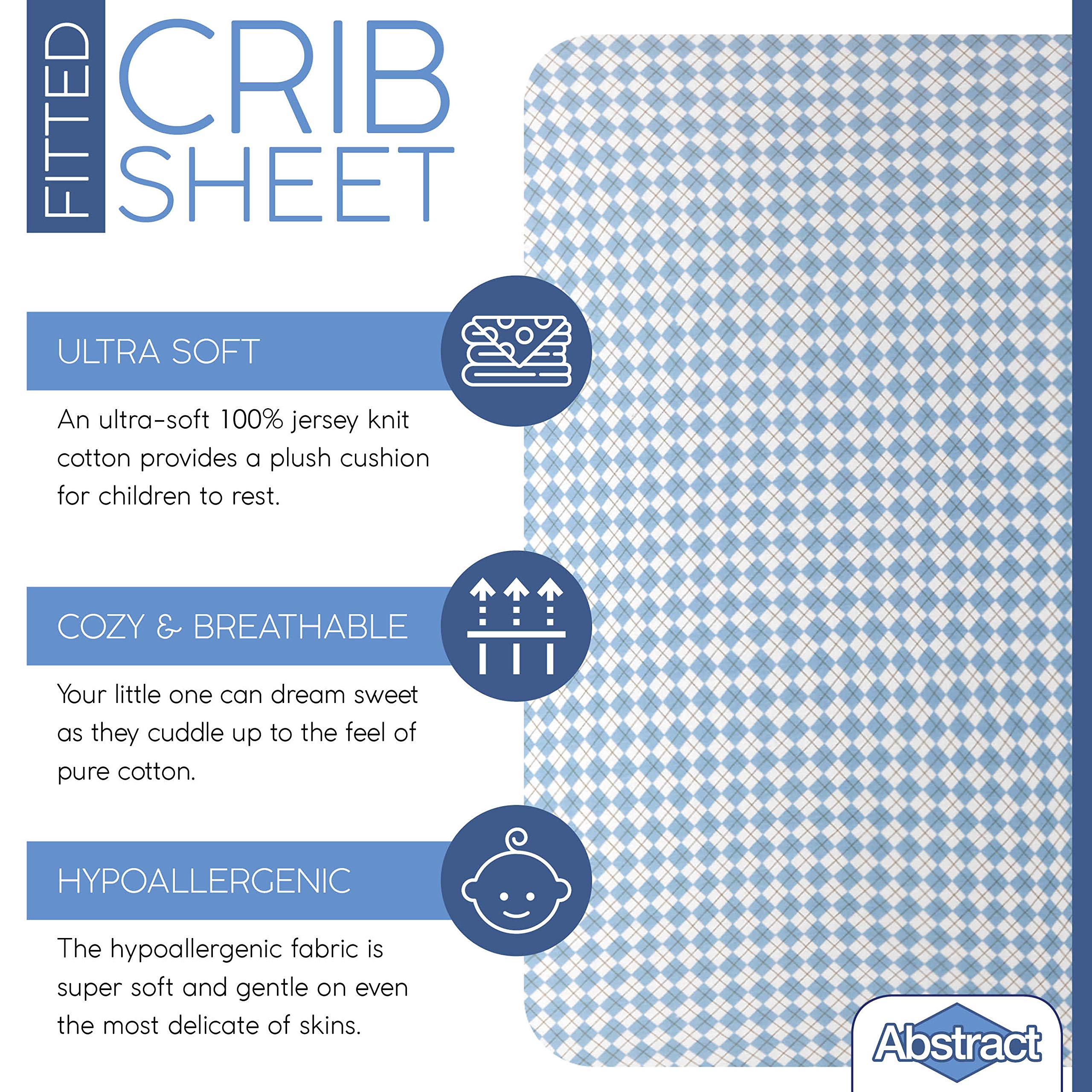 Abstract Argyle crib sheet blue, 100% cotton jersey for gentle sleep.