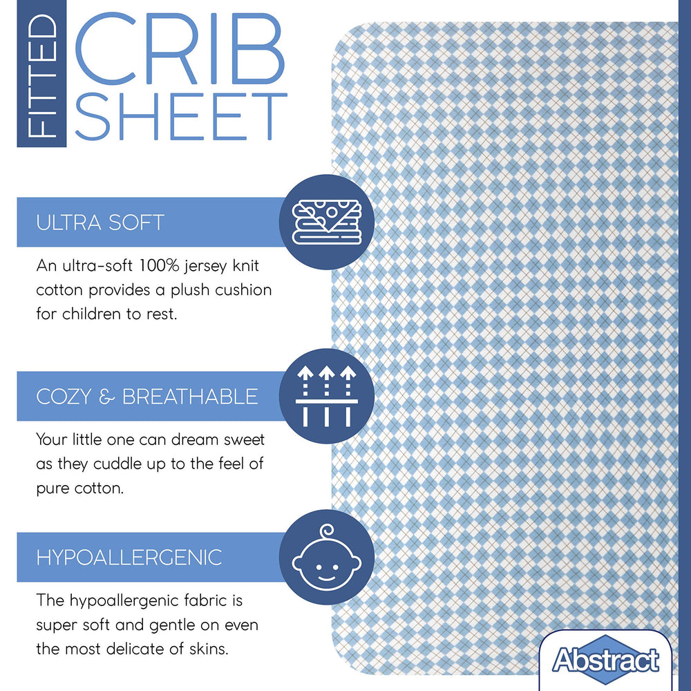 Abstract Argyle crib sheet blue, 100% cotton jersey for gentle sleep.