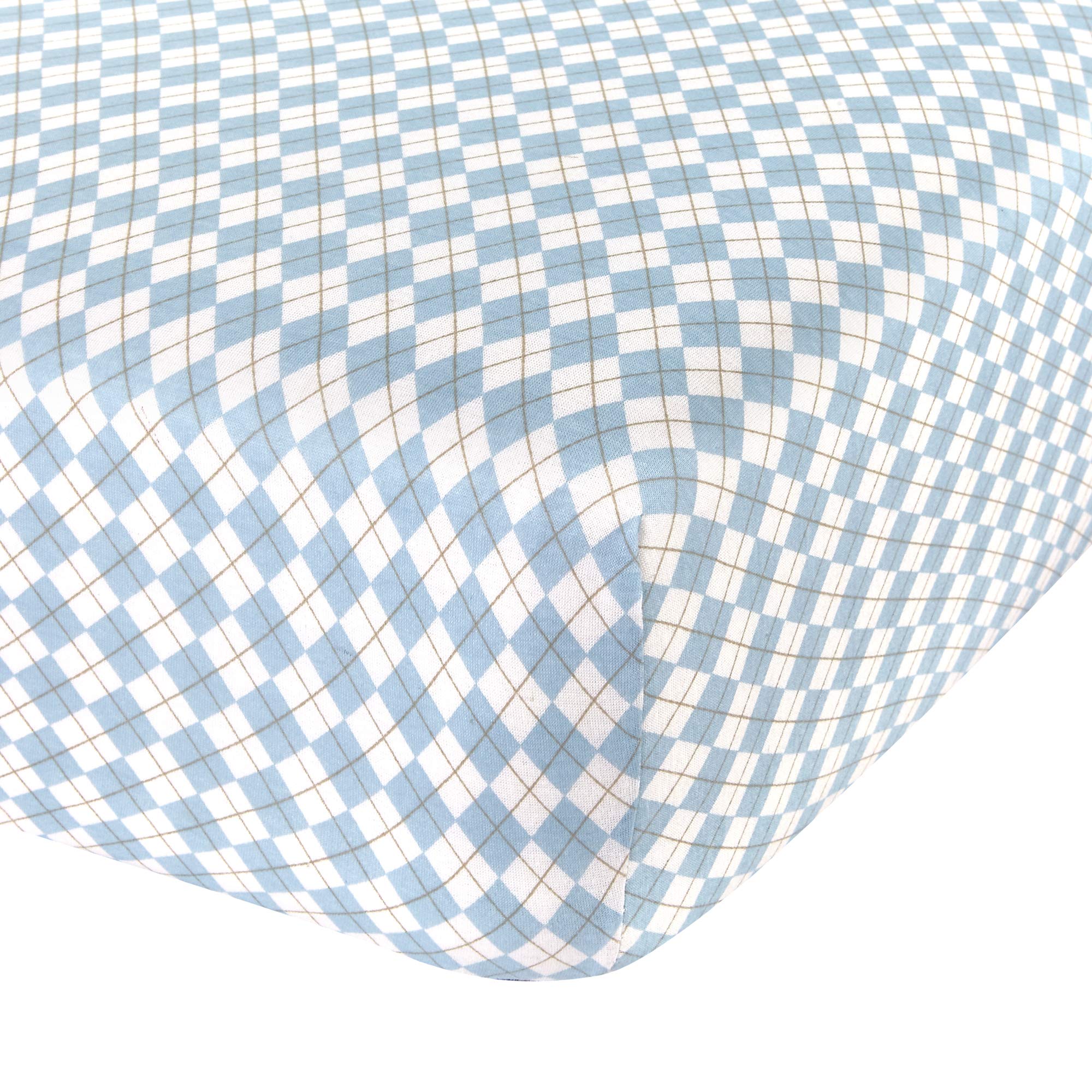Abstract cotton crib sheets with blue argyle pattern for cozy nights.