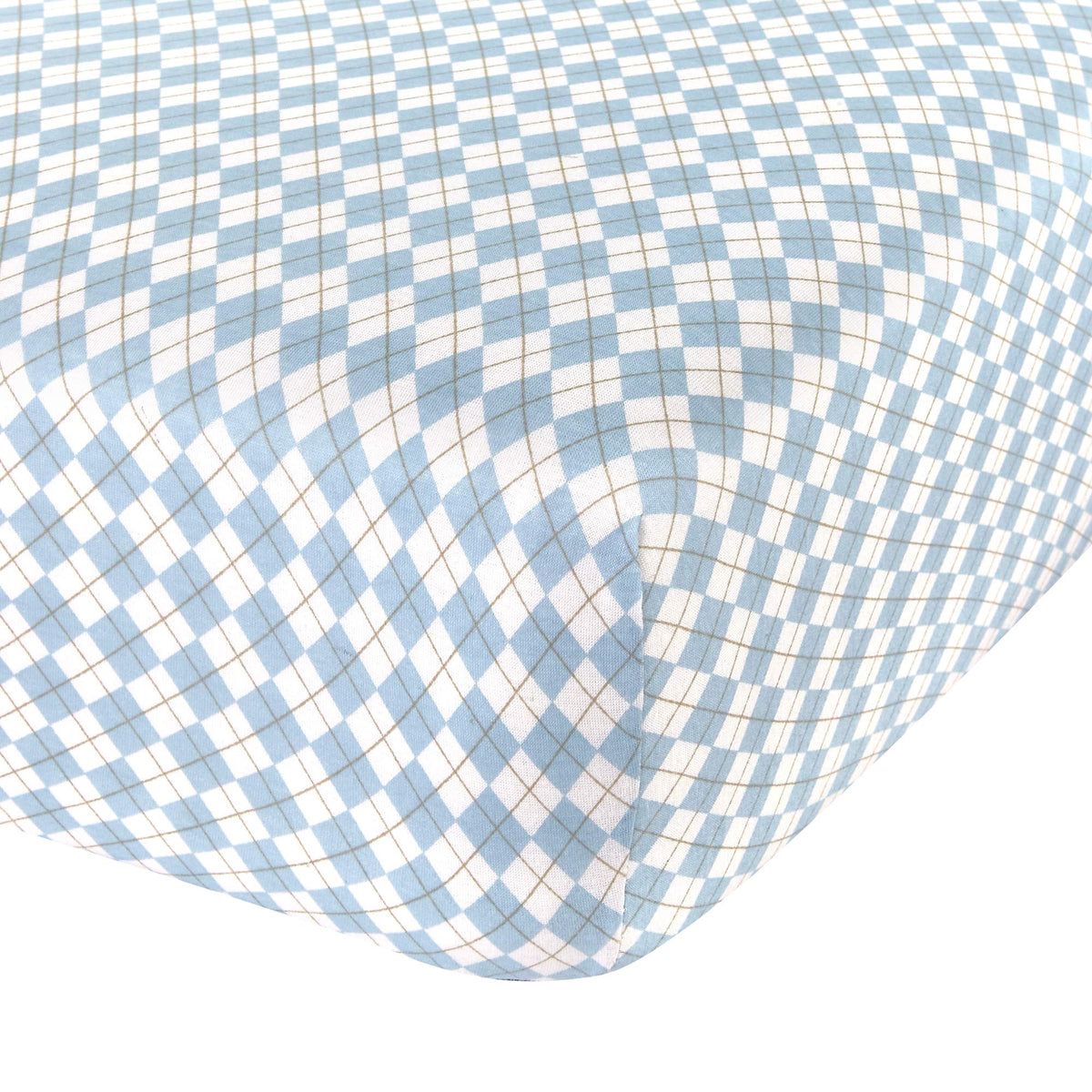 Abstract cotton crib sheets with blue argyle pattern for cozy nights.