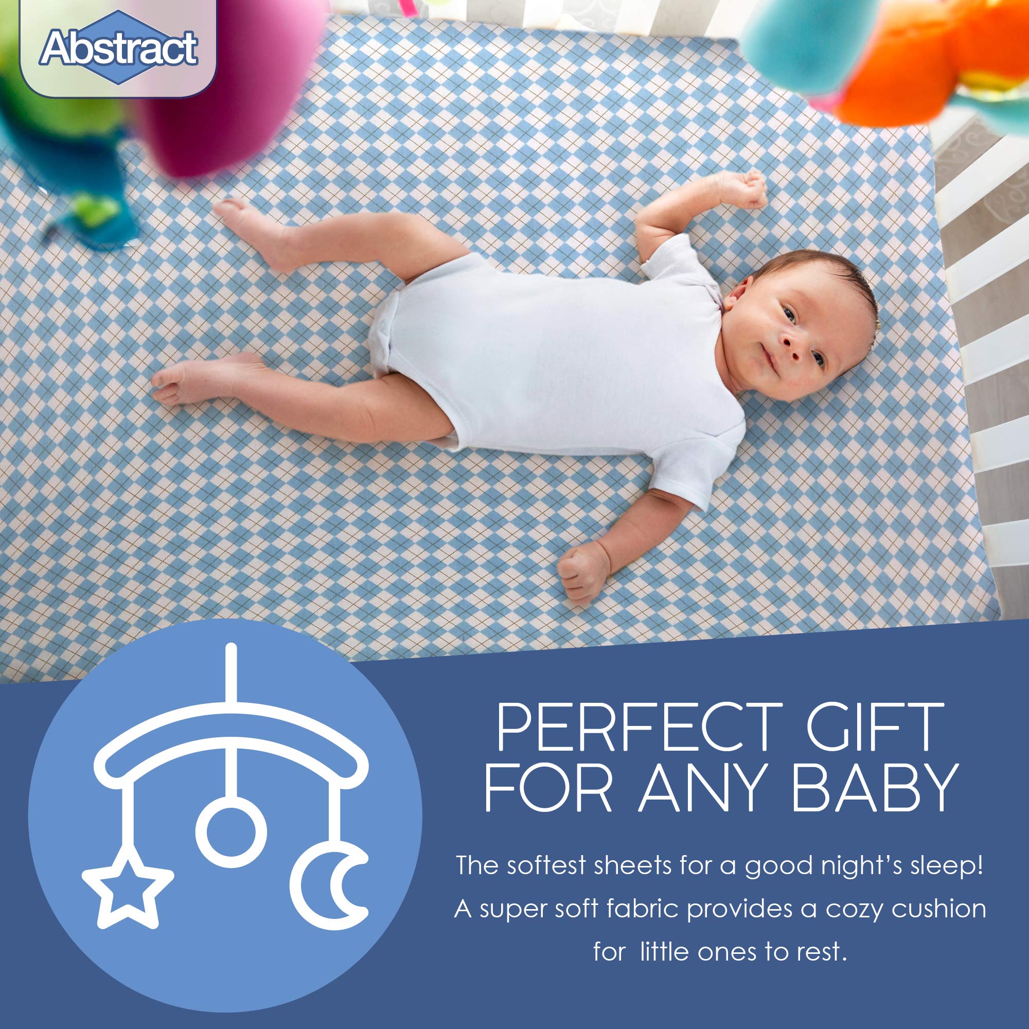 Nursery decor touch with stylish blue argyle sheets.