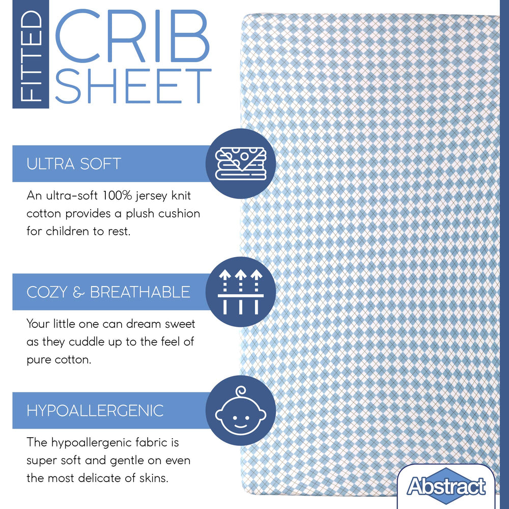 Abstract crib sheets with snug elastic band for a secure fit.