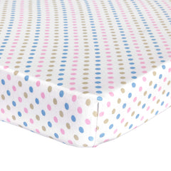 Abstract Mini Crib Sheets multicolor polka dot, soft cotton for peaceful sleep.