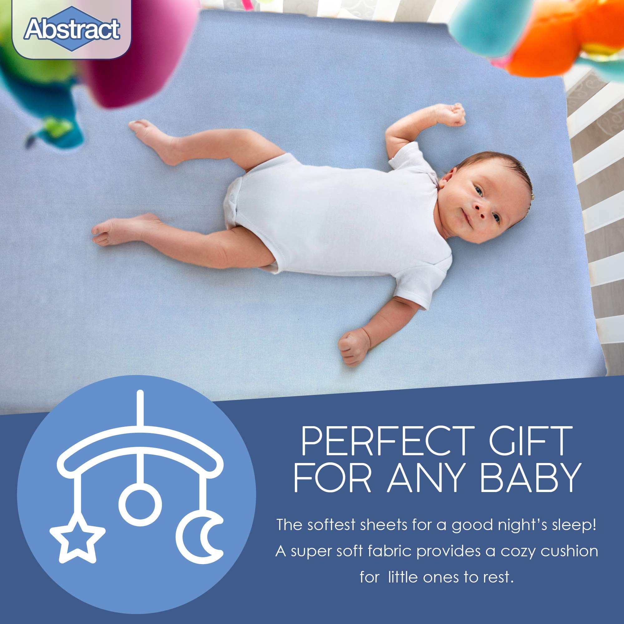 Abstract stylish nursery blue sheet enhances decor while keeping baby cozy.