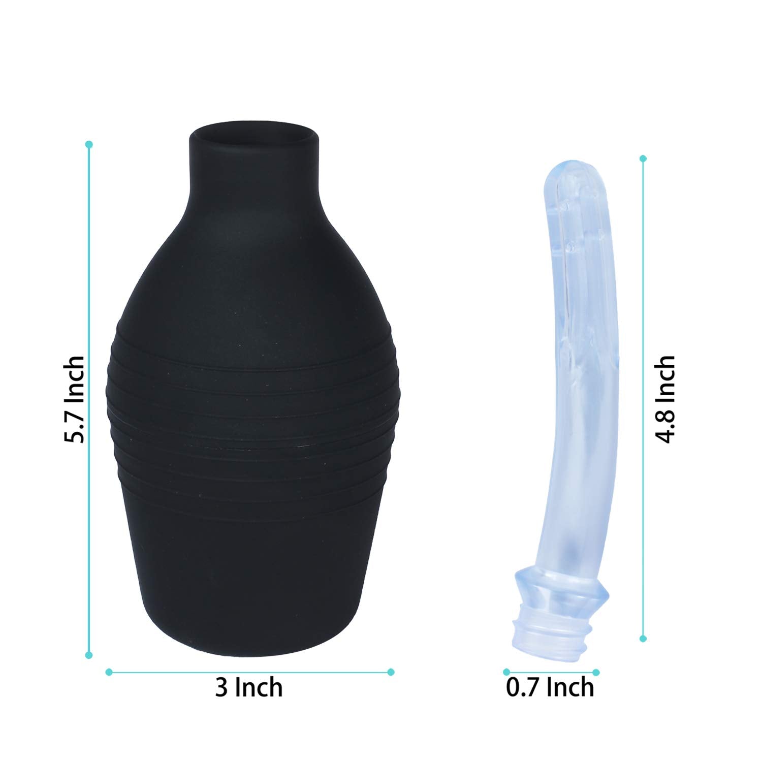 Abyclean rectal applicator syringe separated from the bulb for flexible at-home use.