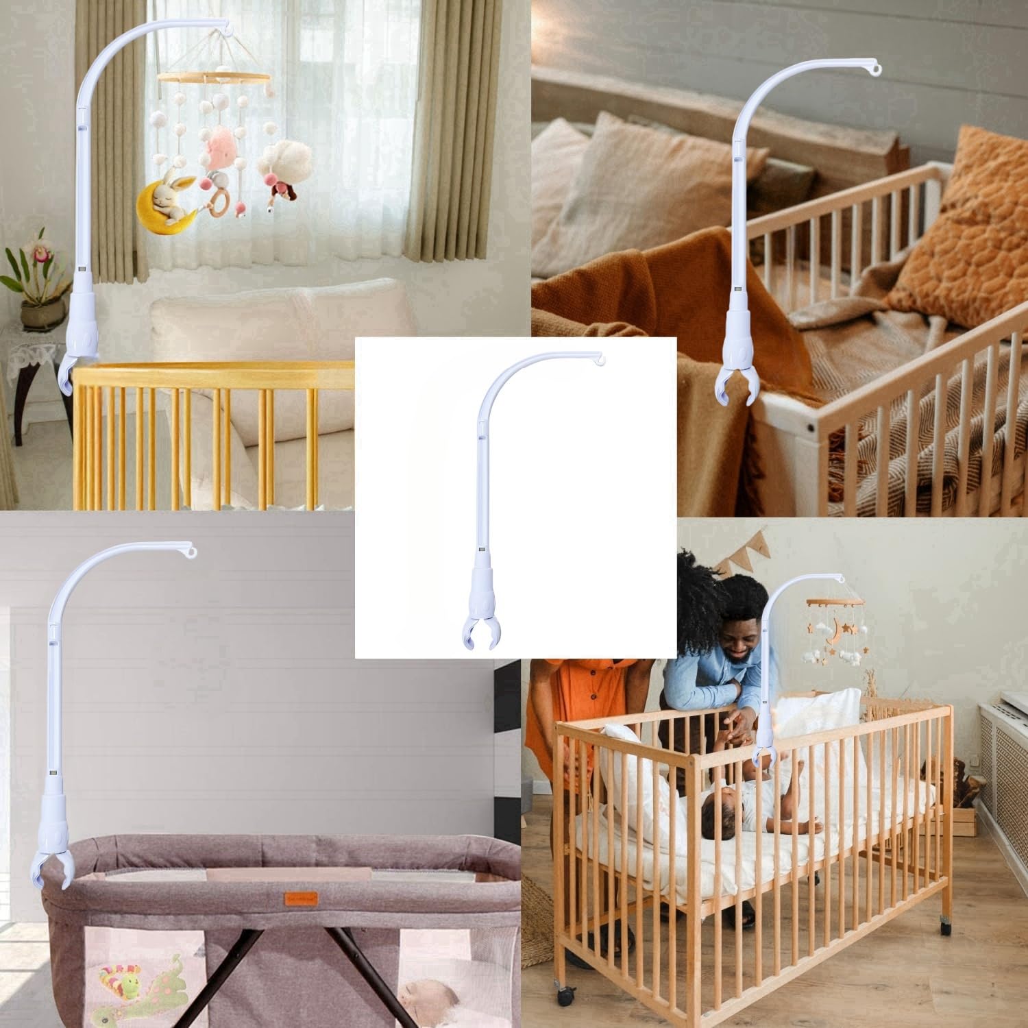 Accfore crib mobile arm with unique claw-screw design for secure grip.