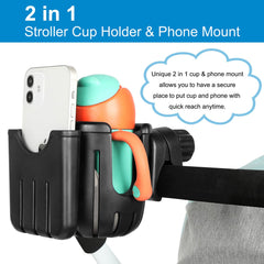 Accmor 2-in-1 cup and phone holder mounted on a stroller handle for versatile use.