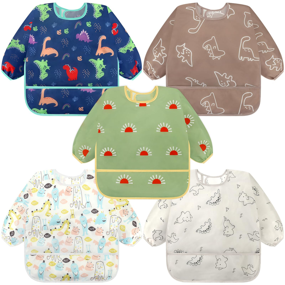 Accmor 5 pack long sleeve bibs in package, ideal for mess-free meals and quick setup.