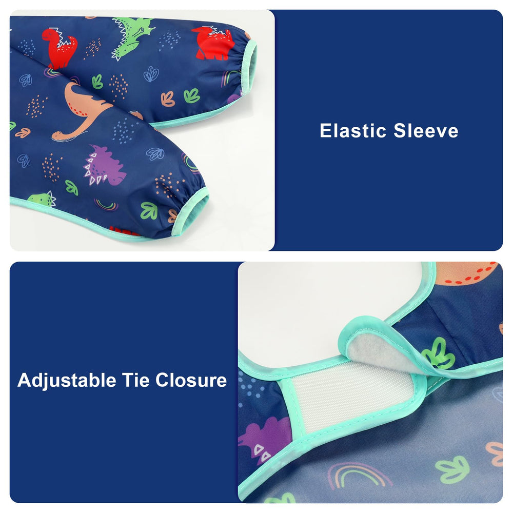 Baby wearing Accmor sleeved bib during feeding, showcasing full coverage.