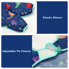 Baby wearing Accmor sleeved bib during feeding, showcasing full coverage.