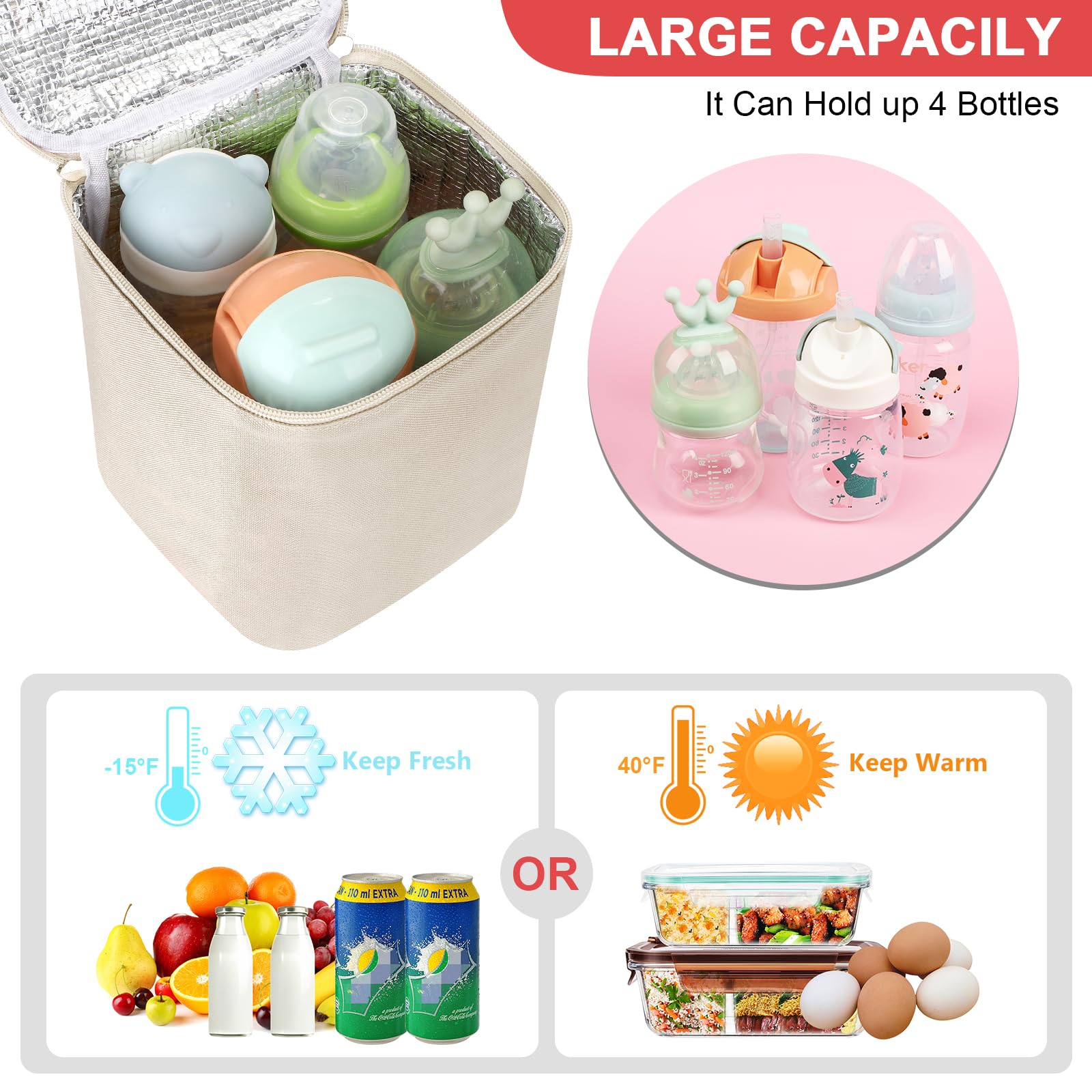 Accmor cooler bag offers large capacity for four 8oz bottles during daycare.