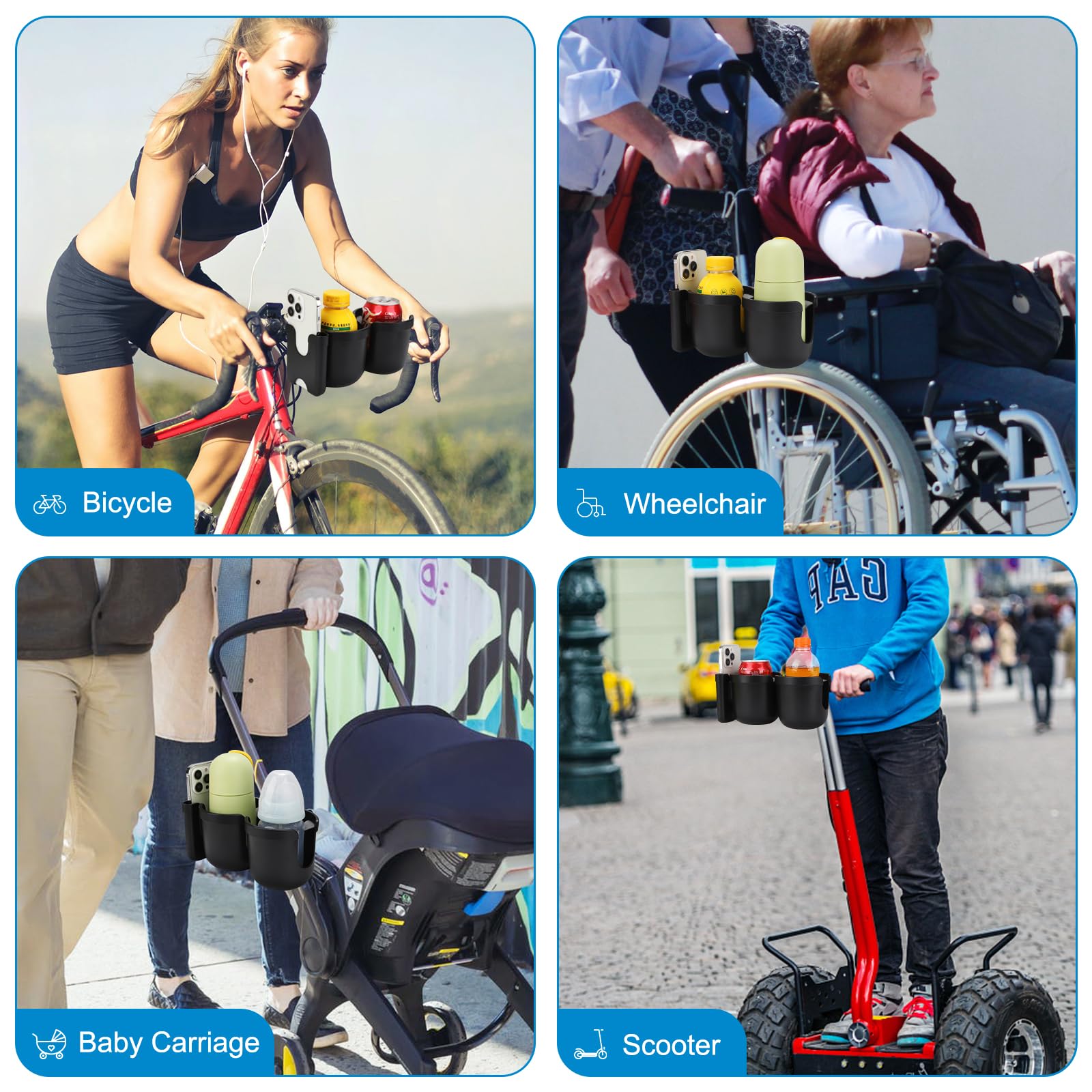 Accmor clip-on cup holder installs quickly on a stroller or bike handle.