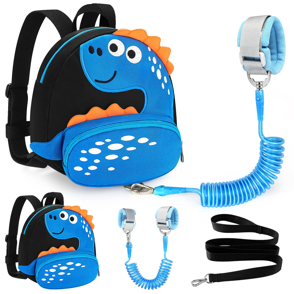 Accmor dinosaur backpack leash front view showing secure, playful toddler accessory