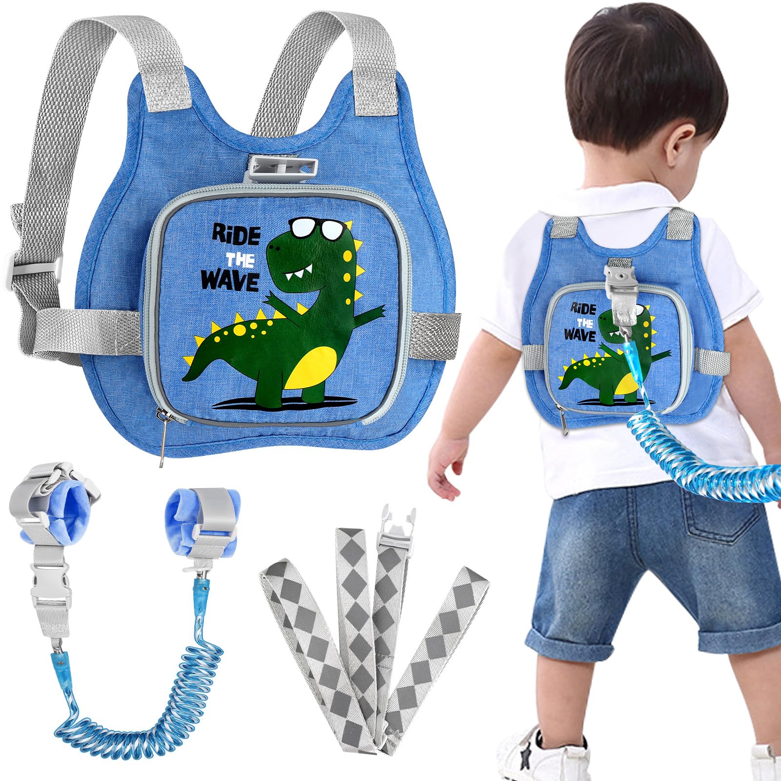 Accmor dinosaur harness front view helps keep toddlers safe outdoors.