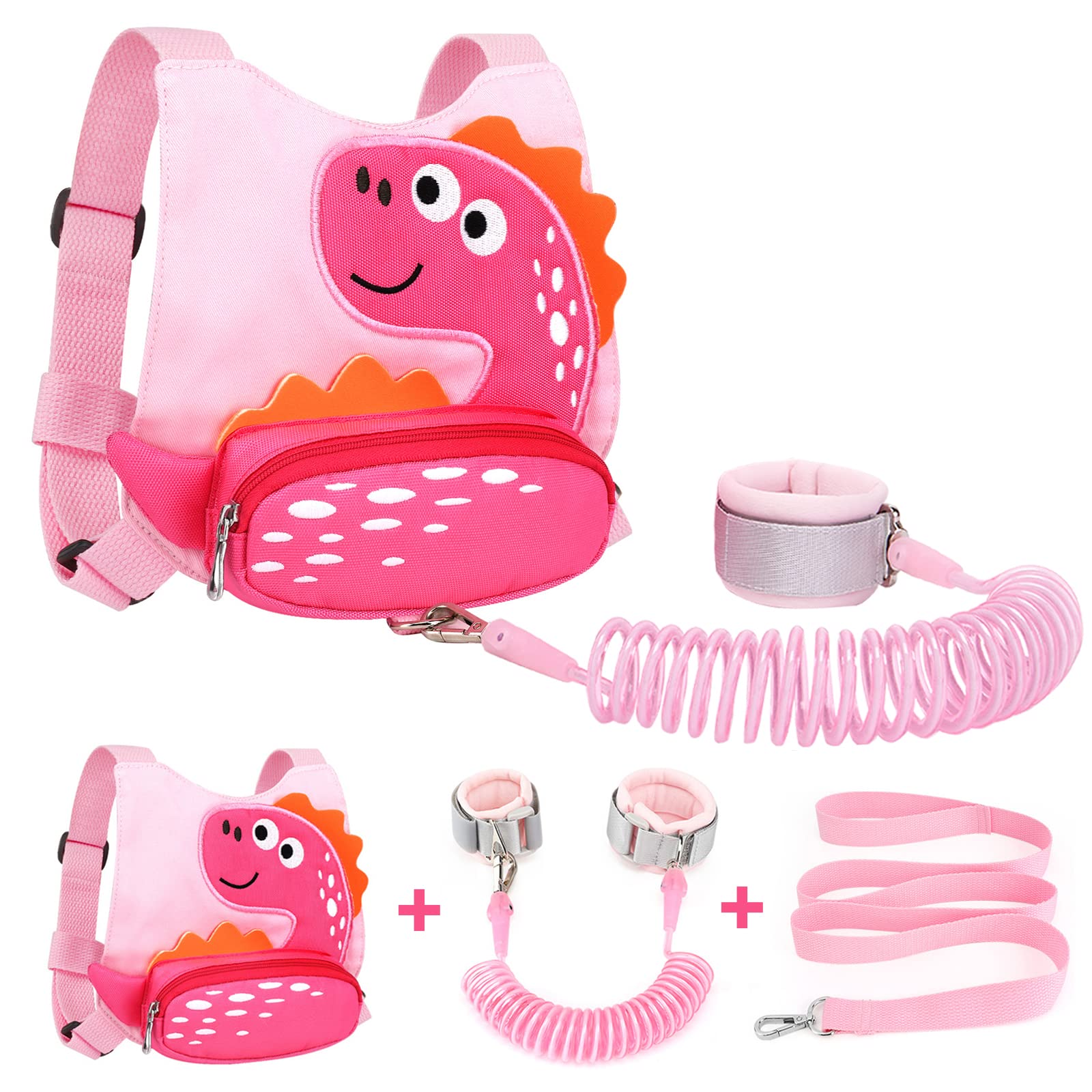 Accmor dinosaur pink harness with front pocket for snacks and small items.