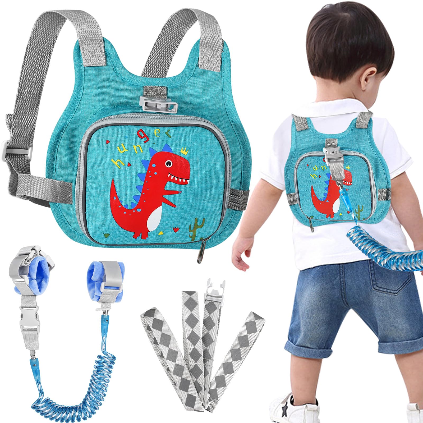 Accmor dinosaur toddler harness blue back view for secure outdoor walking