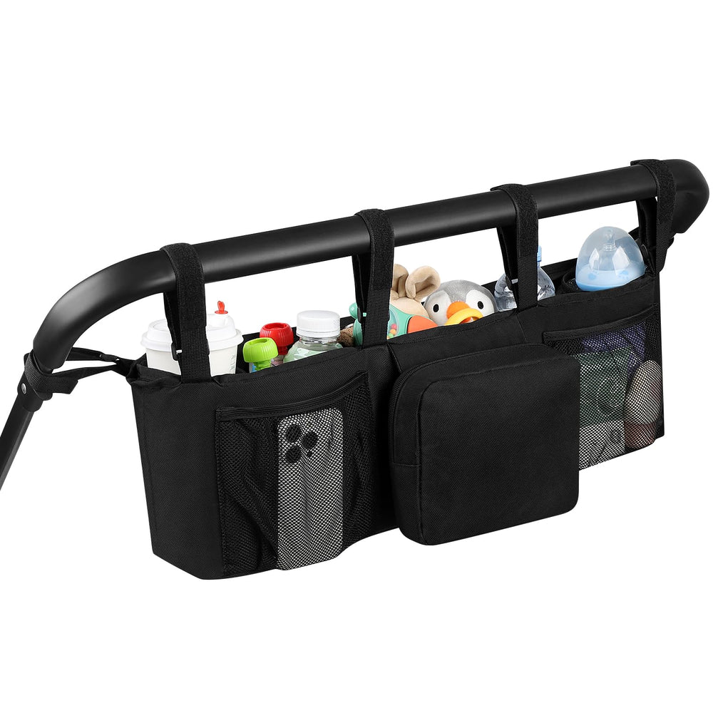 Accmor double-stroller-organizer for Bob Duallie keeps diapers and bottles within easy reach.